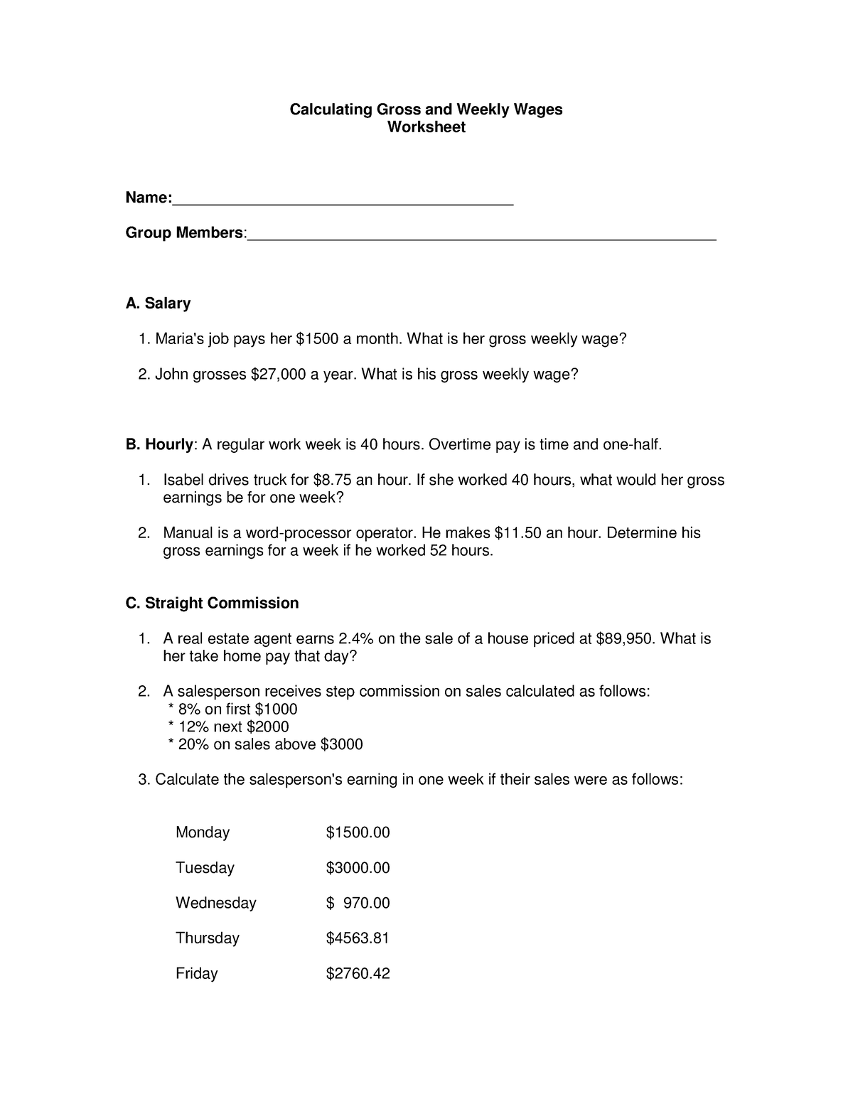 Calculating Gross And Weekly Wages Worksheet Calculating Gross And 