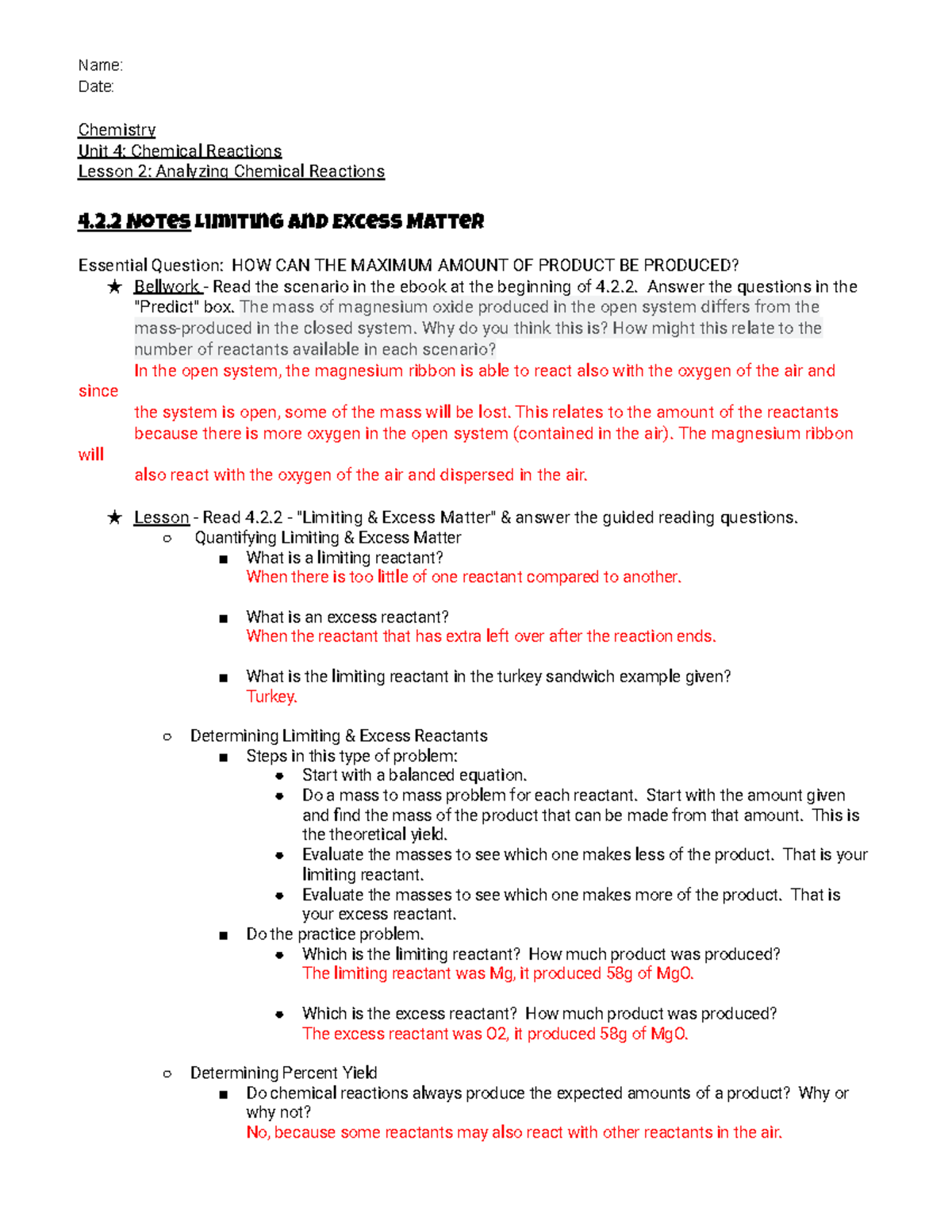 Unit 4 - Lesson 2 - Exploration 2 Notes - Name: Date: Chemistry Unit 4 ...