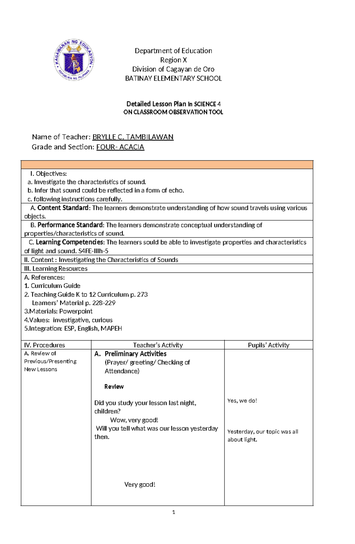 COT DLP Science 4 - Department of Education Region X Division of ...