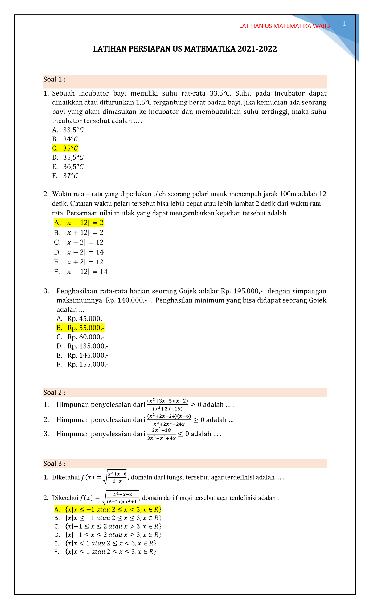 Latihan SOAL Persiapan US Matematika 2021-2022 - LATIHAN PERSIAPAN US ...