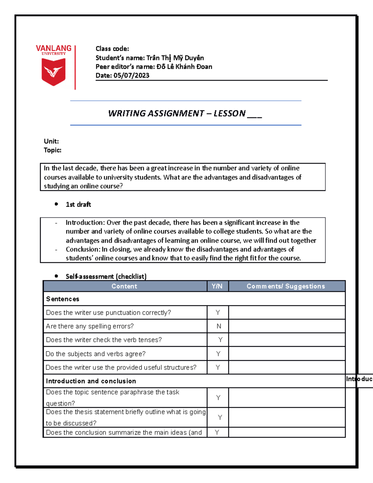 Template Writing assignment 1 - Class code: Student’s name: Trầần Th ...