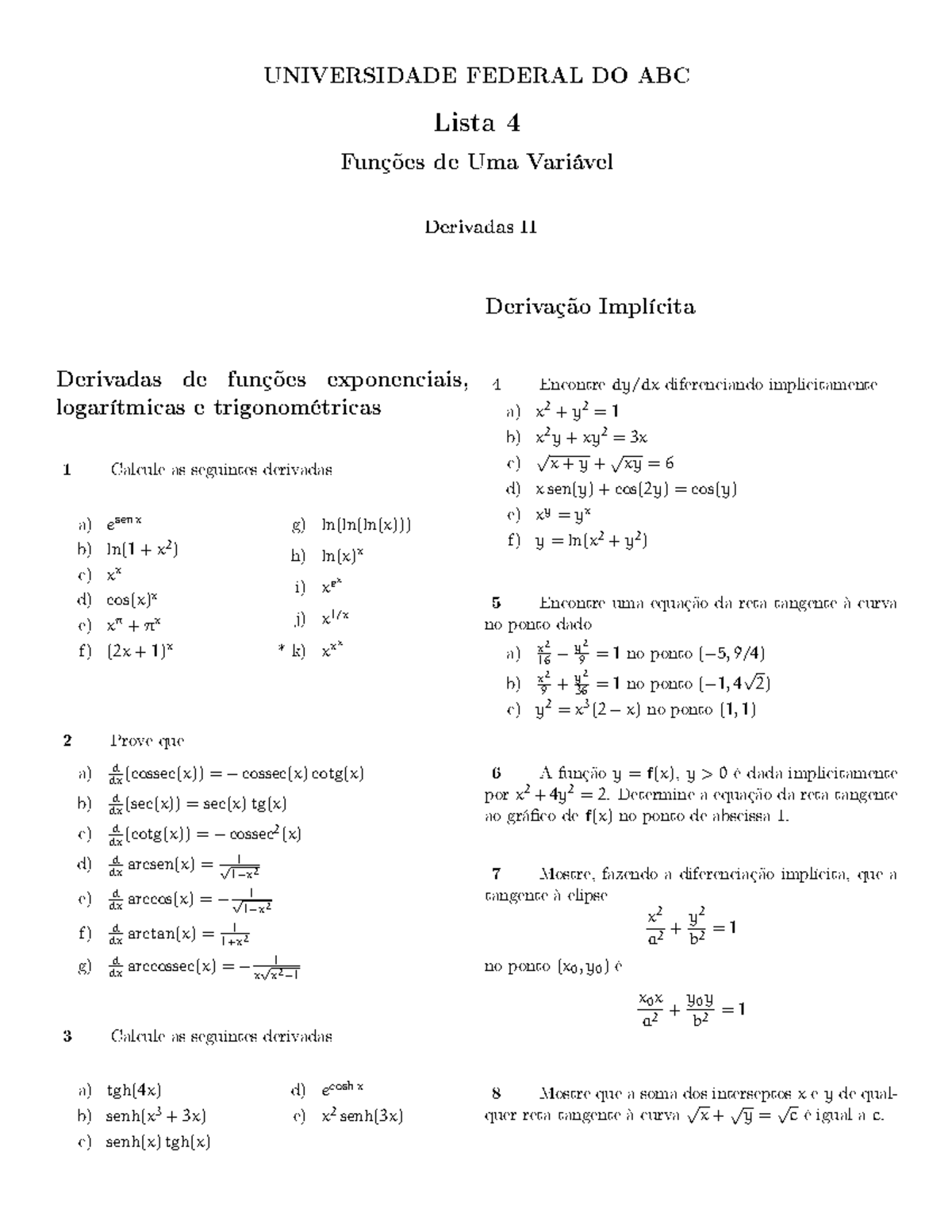 Lista De Exercicios 4 Fuv Universidade Federal Do Abc Lista 4 Funções