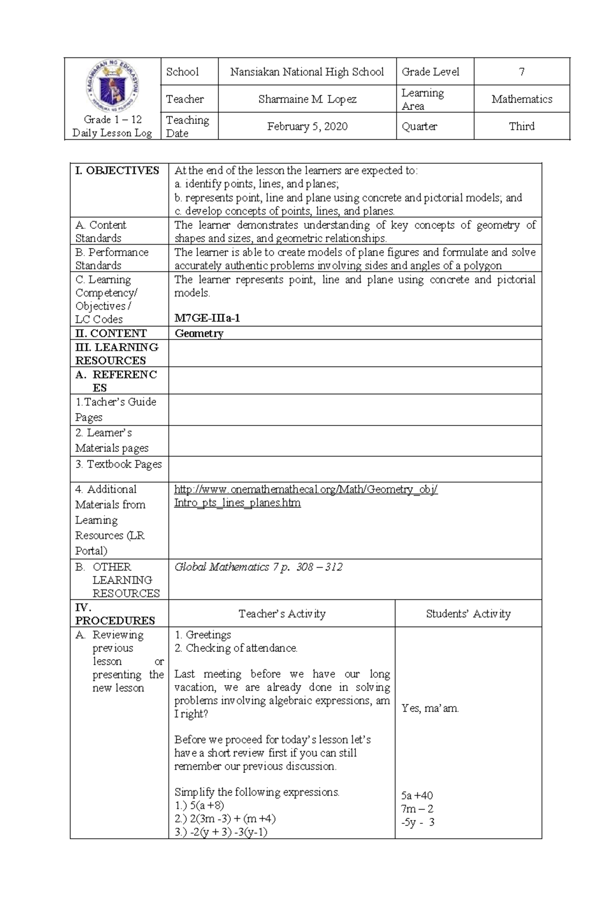 Final LP 2020 - lesson plan - I. OBJECTIVES At the end of the lesson ...