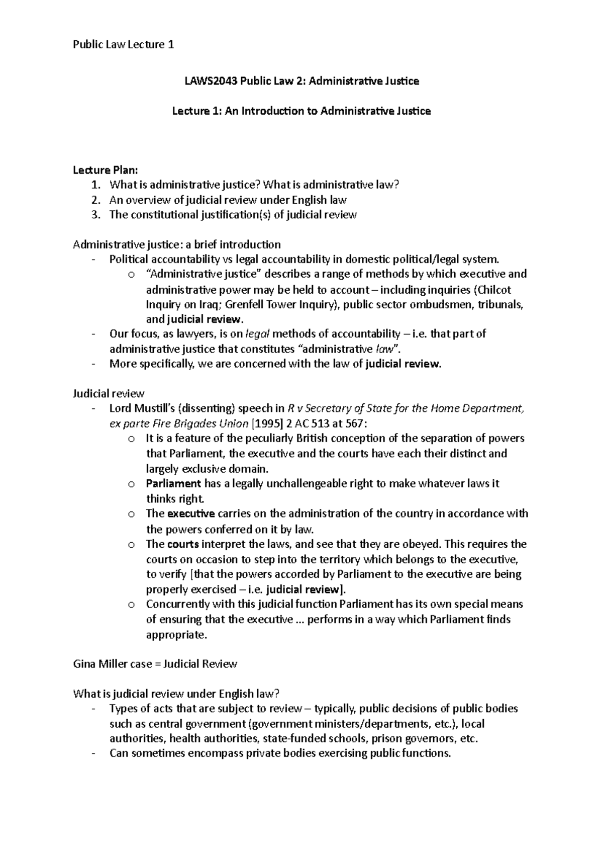 Lecture 1 - Public Law Lecture 1 LAWS2043 Public Law 2: Administrative ...