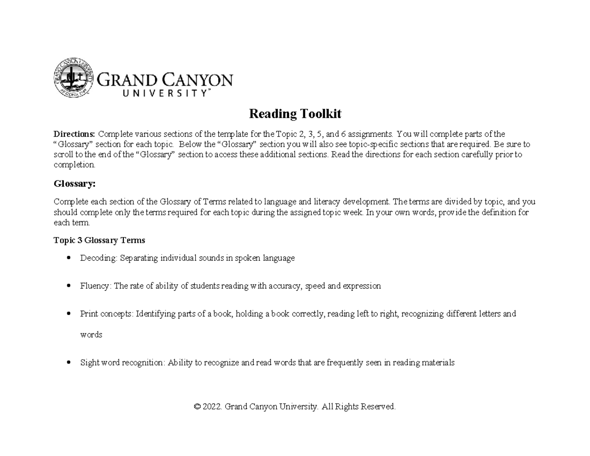 Reading Tool Kit Topic 3 - Reading Toolkit Directions: Complete various ...