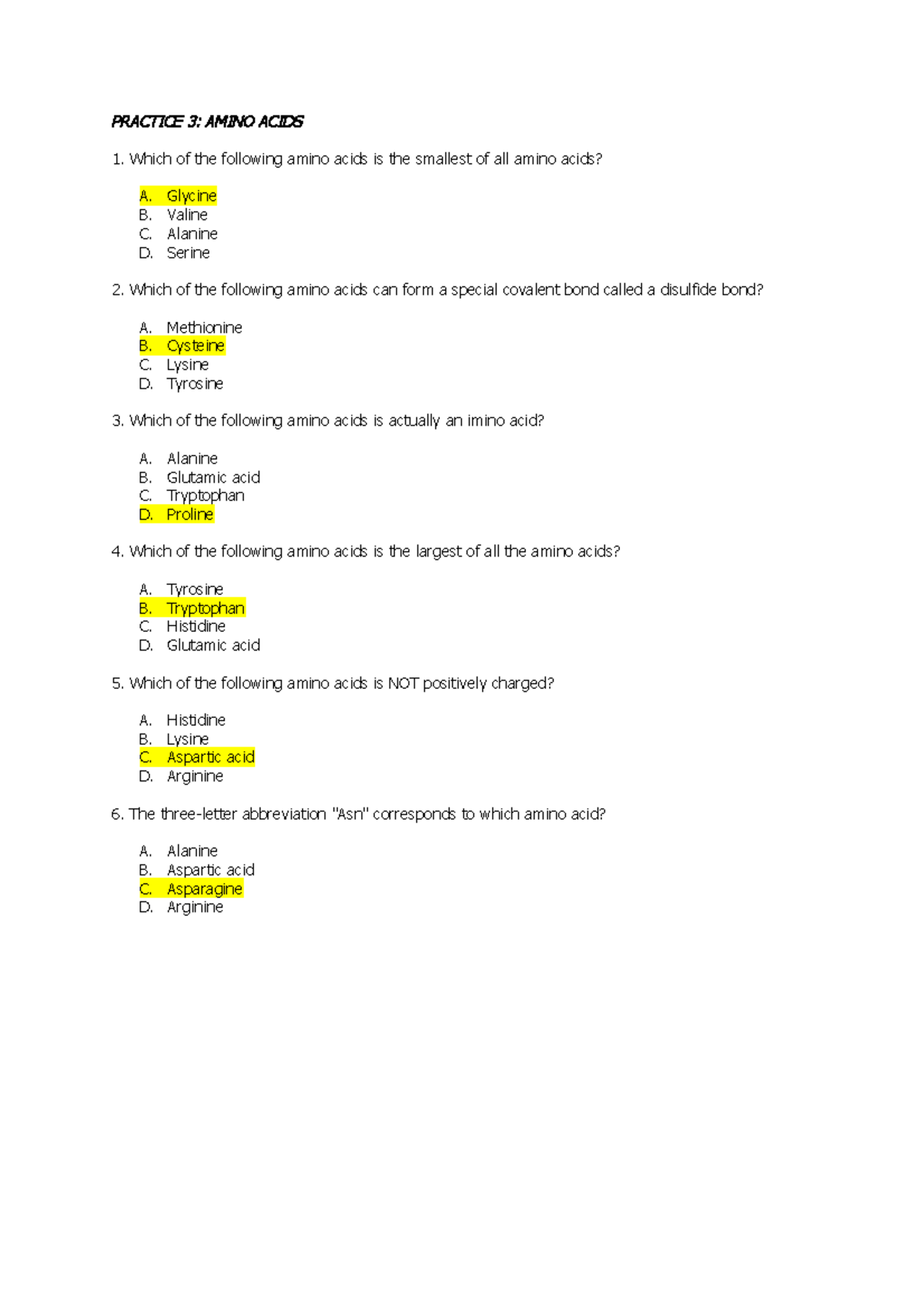 Practice 3 Amino ACID PRACTICE 3 AMINO ACIDS Which of the following