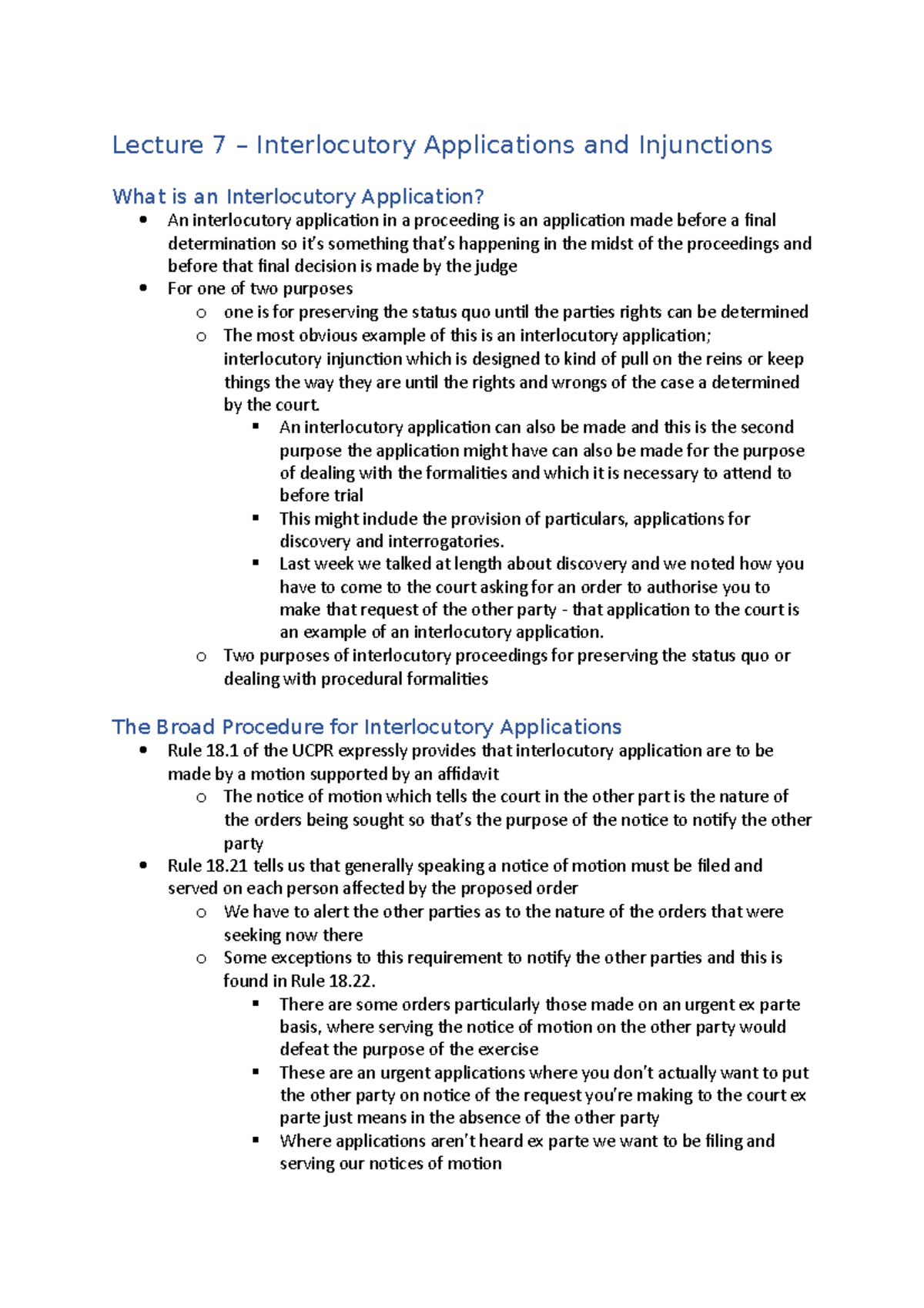 Lecture 7 Lecture 7 Interlocutory Applications and Injunctions What