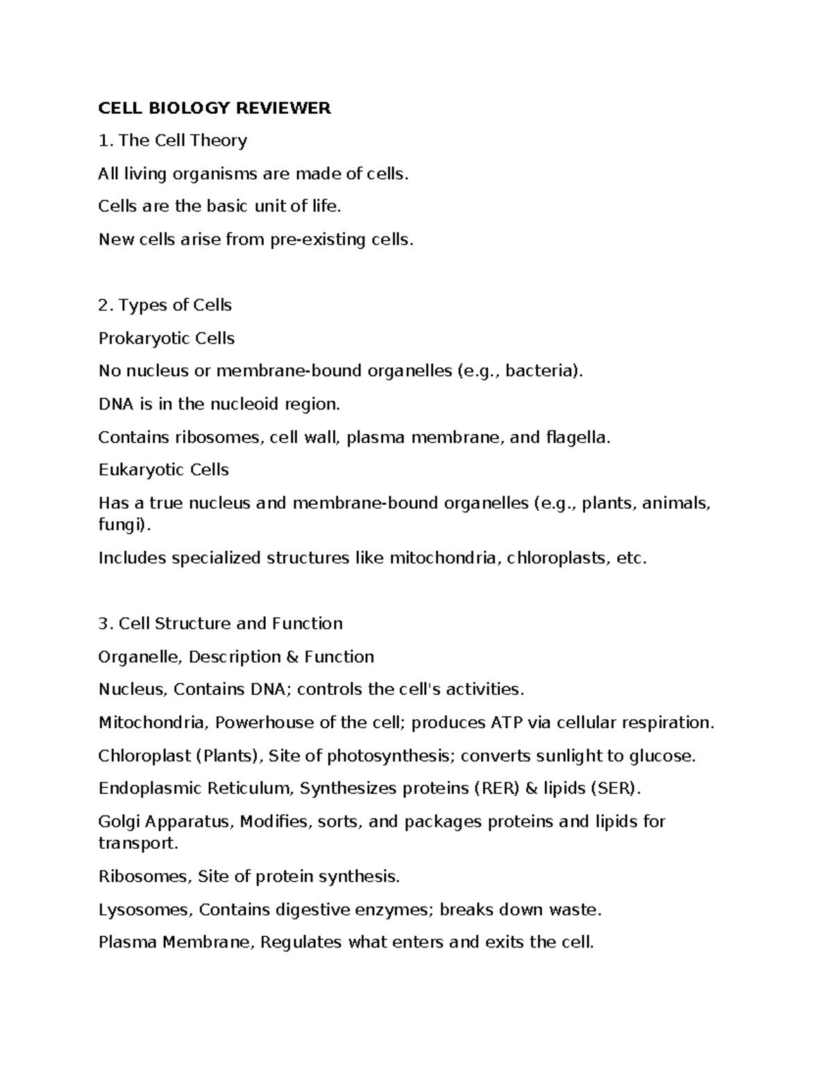 Cell Biology Reviewer - CELL BIOLOGY REVIEWER The Cell Theory All ...
