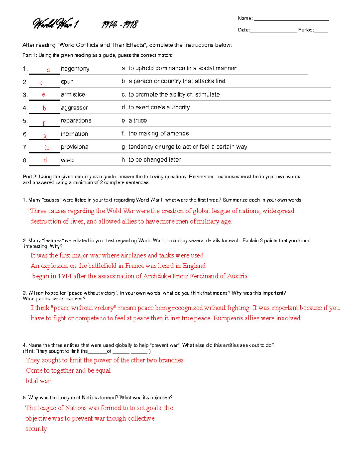 Kami Export - World War one - World War I Write the letter of the correct  match next to each - Studocu