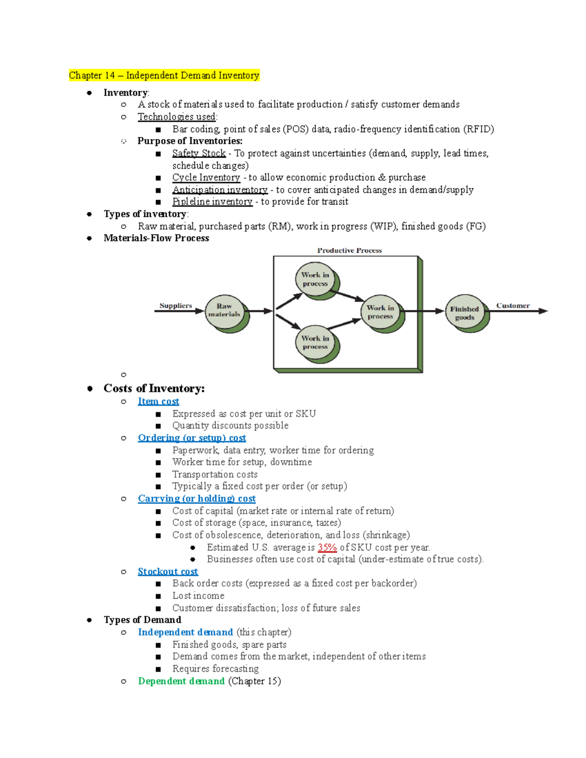 SCO notes 2 - Chapter 14 – Independent Demand Inventory Inventory: A ...