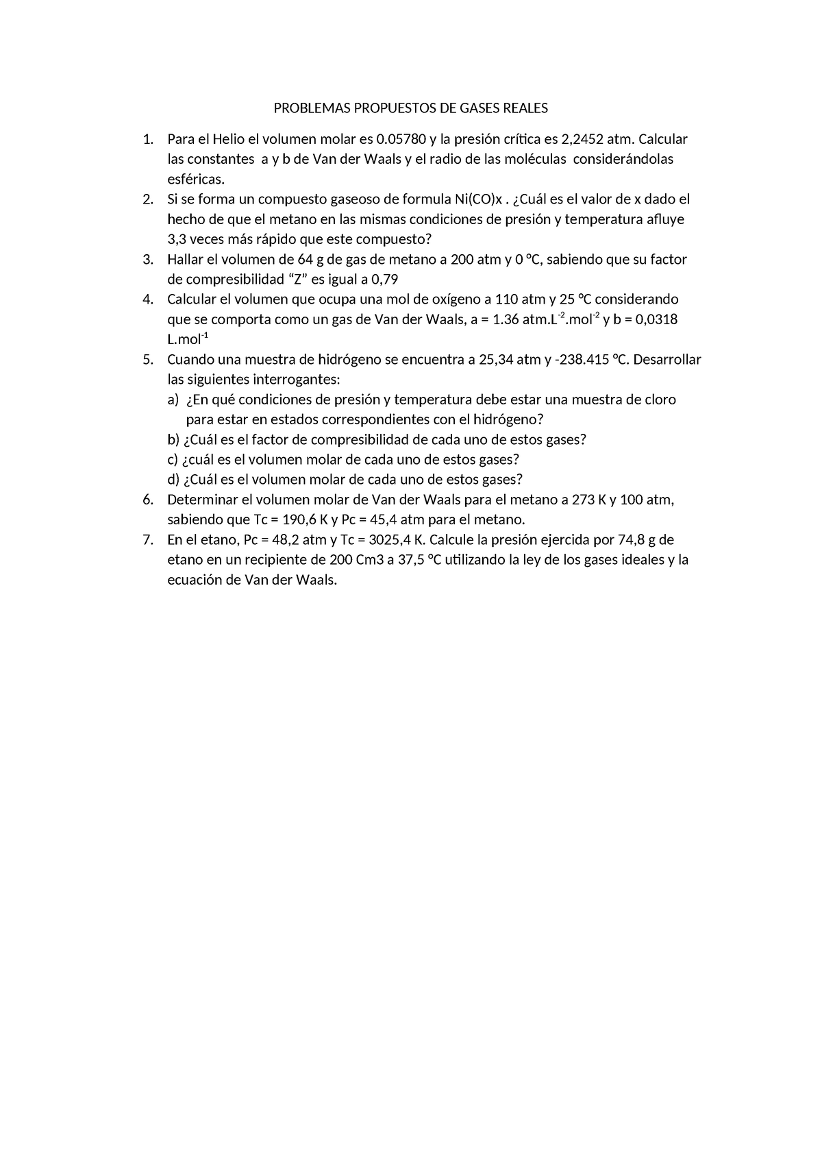 Problemas Propuestos DE Gases Reales - PROBLEMAS PROPUESTOS DE GASES ...