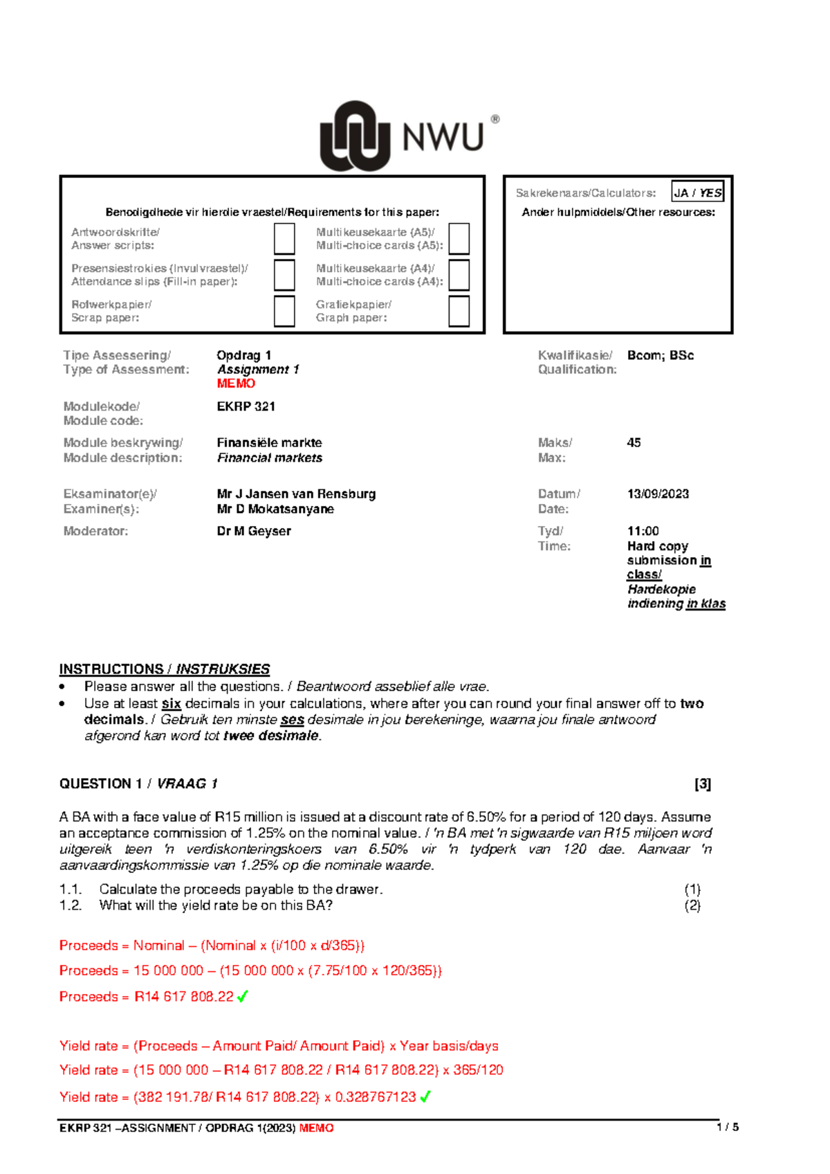 EKRP321+Opdrag Assignment+1 2023+MEMO - Sakrekenaars/Calculators: JA ...