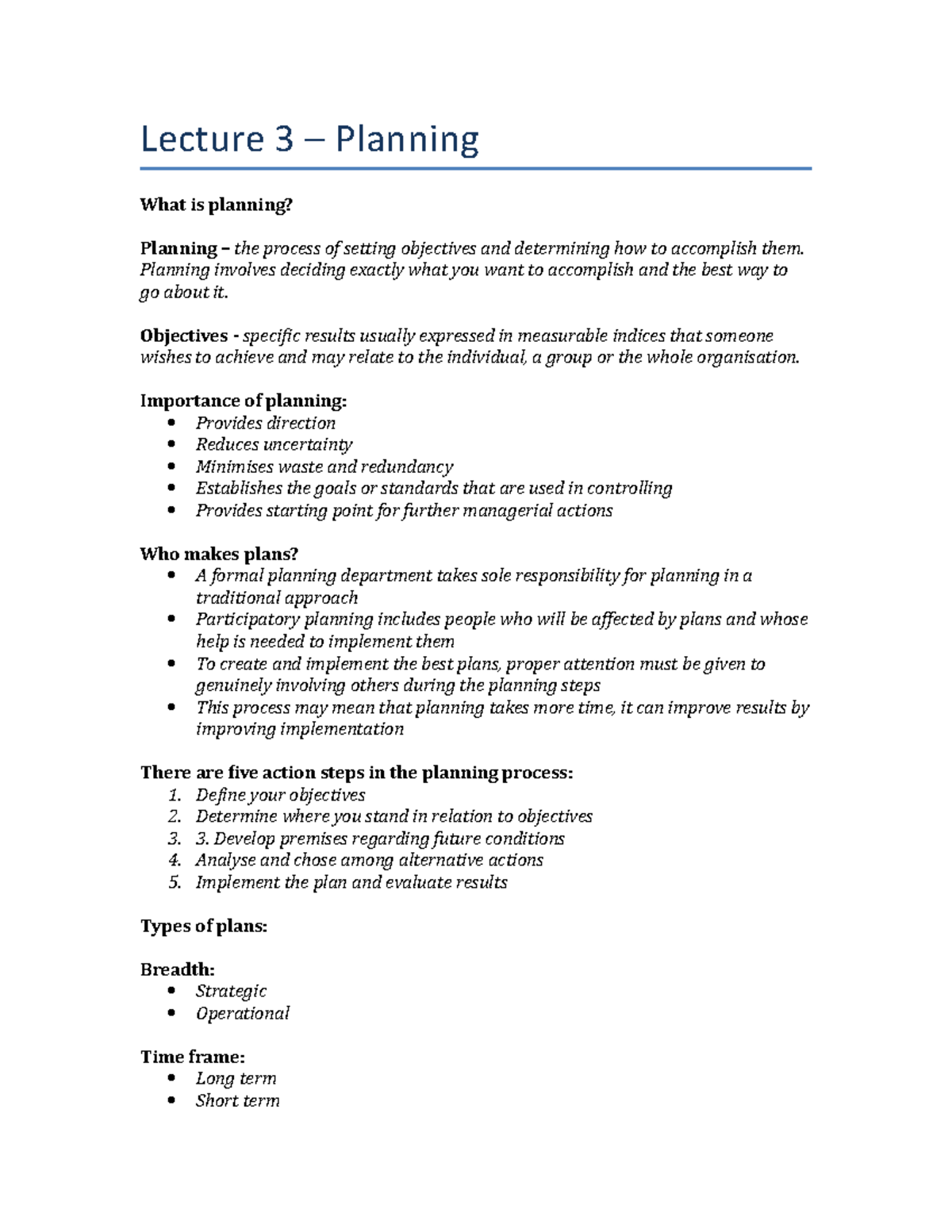 L3 planning notes Introduction to management Lecture 3 Planning