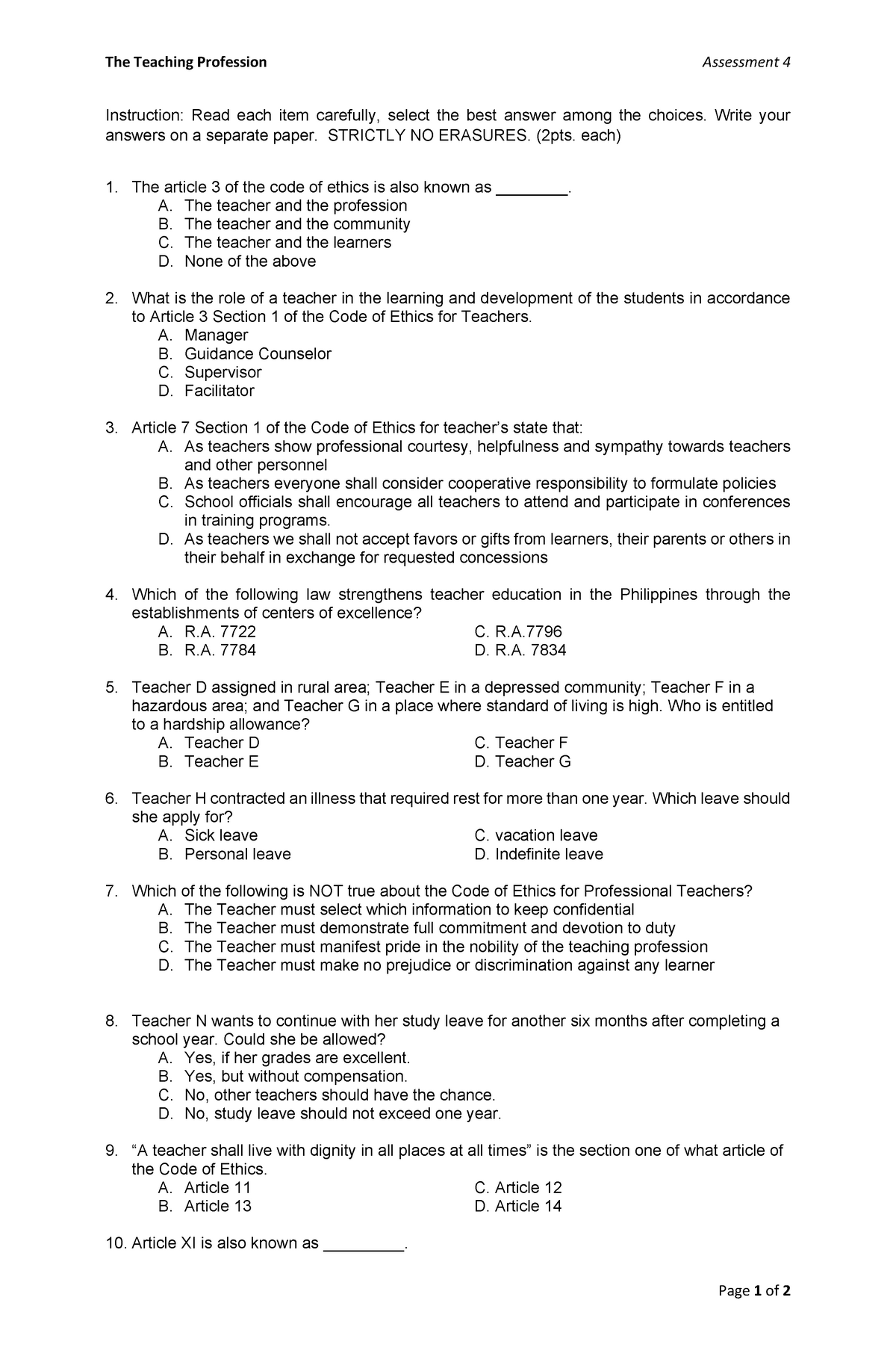 Ttp Assessment 4 Ed8 The Teaching Profession Assessment Page Of Instruction Studocu