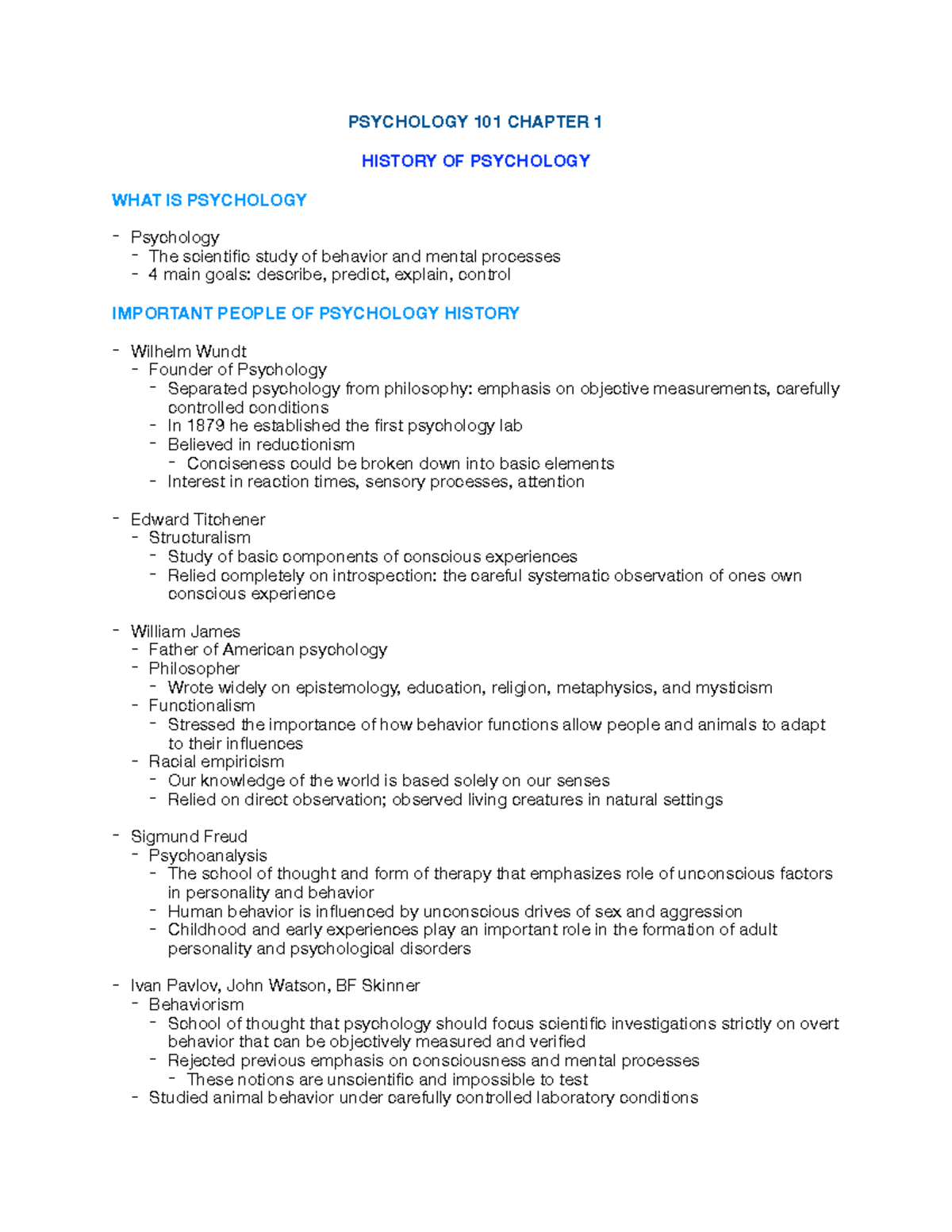 Psych 101 Chapter 1 - PSYCHOLOGY 101 CHAPTER 1 HISTORY OF PSYCHOLOGY ...