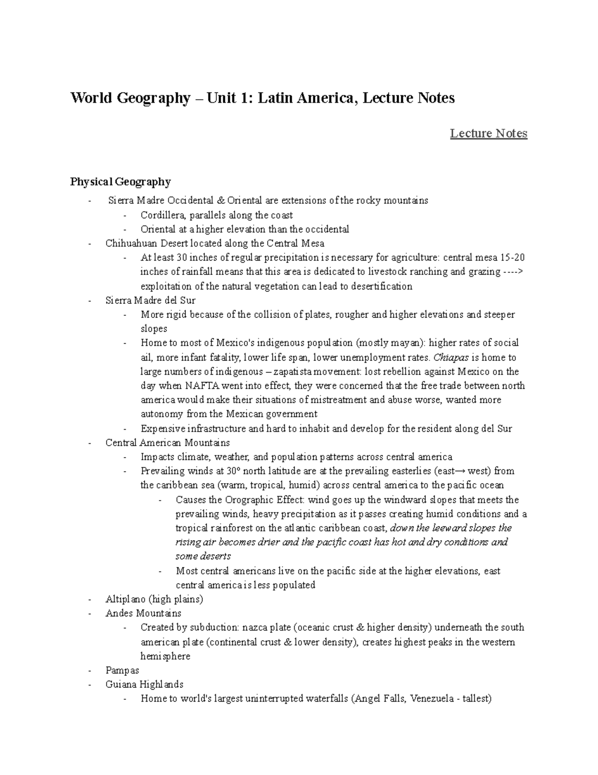 World Geography Unit 1 Latin America, Lecture Notes World Geography