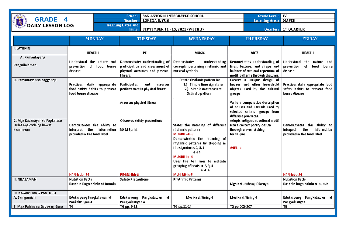DLL Mapeh 4 Q1 W3-OKAY - GRADE 4 DAILY LESSON LOG School: SAN ANTONIO ...