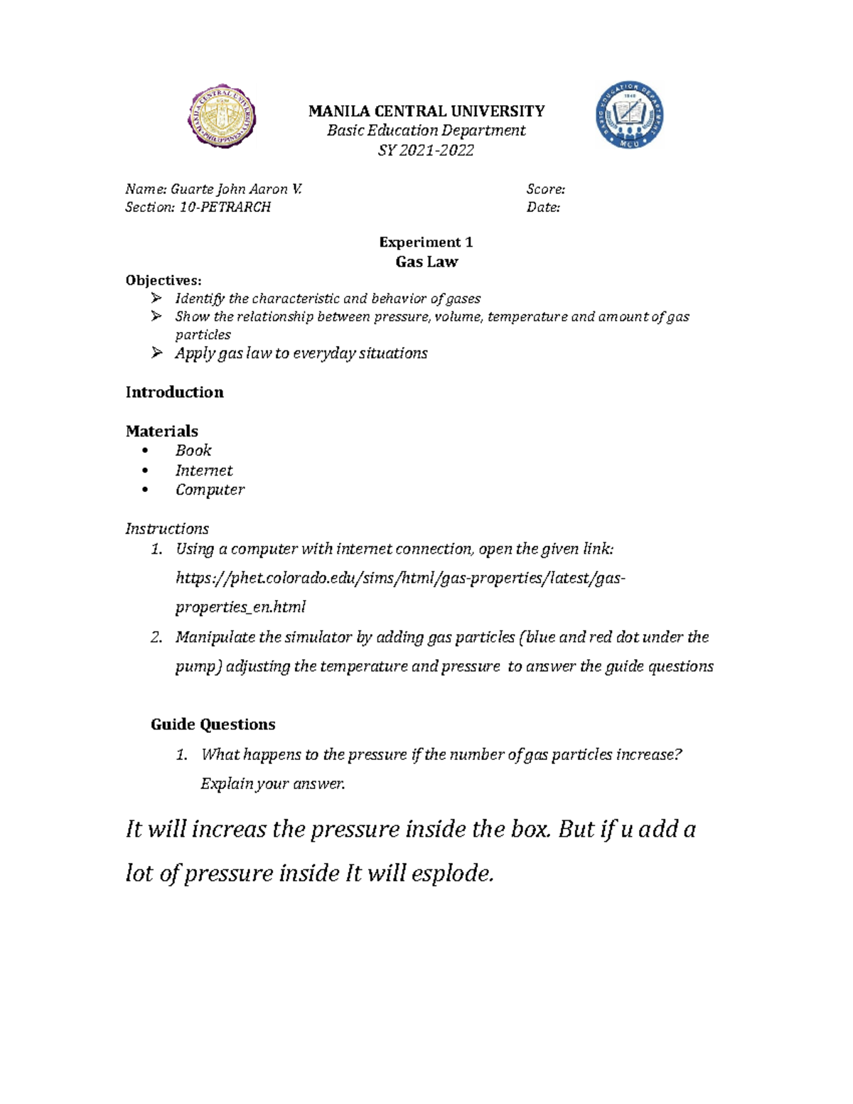 Exp2 gas law - VIRTUAL LAB: 5 TYPES OF CHEMICAL REACTIONS 5 MORE ANSWER ...