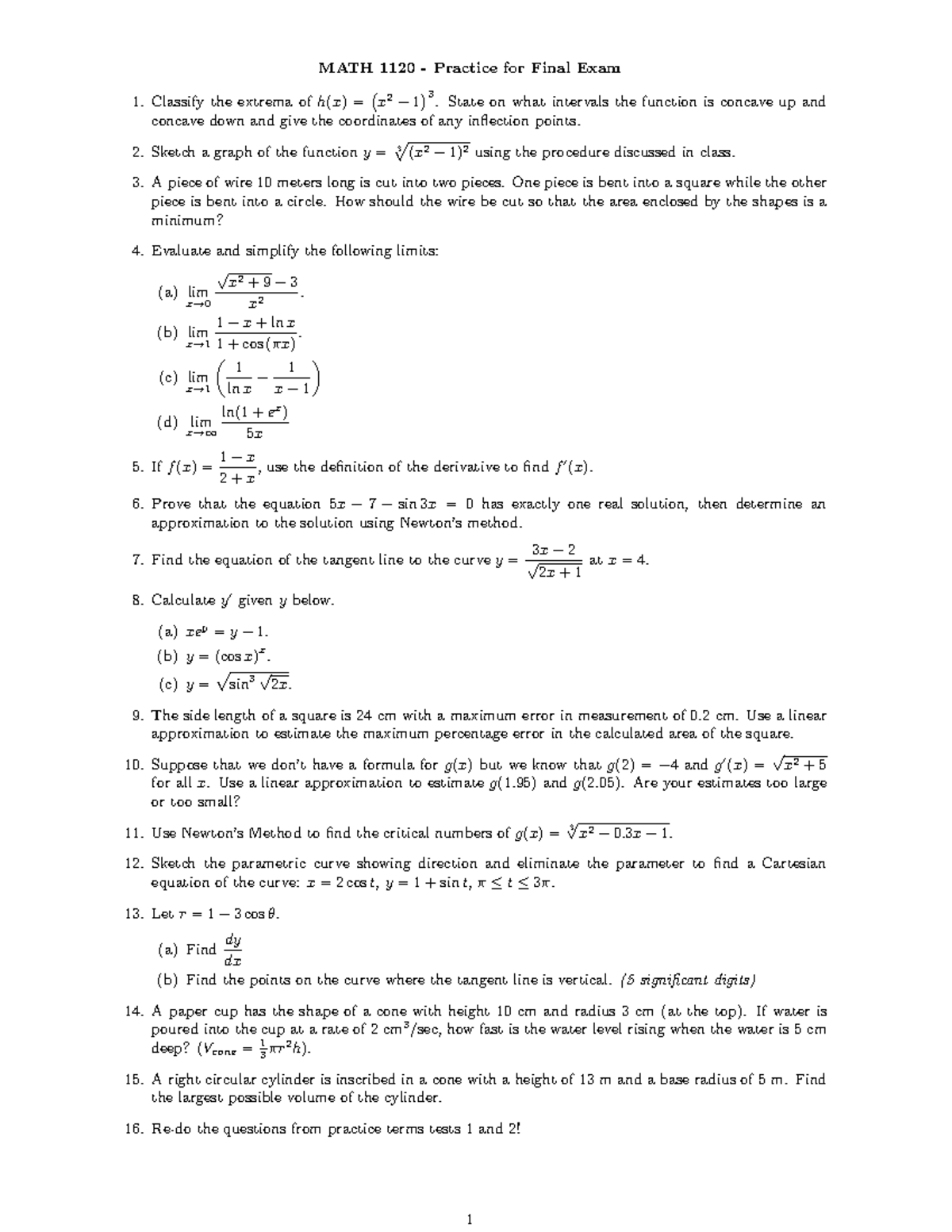 CALC 1 Practice test 2 - MATH 1120 - Practice for Final Exam Classify ...