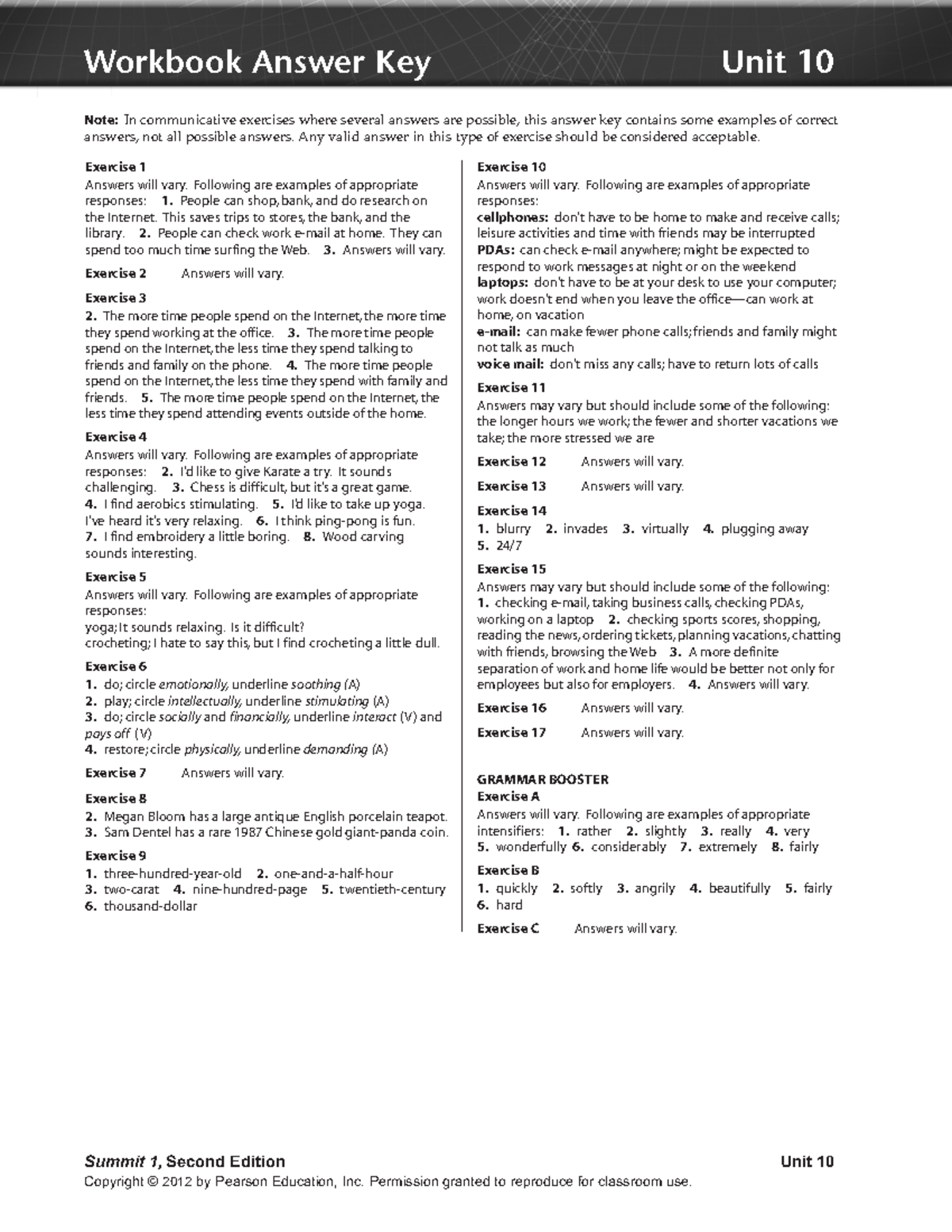 Unit 10 workbook ak1 - Note: In communicative exercises where several ...