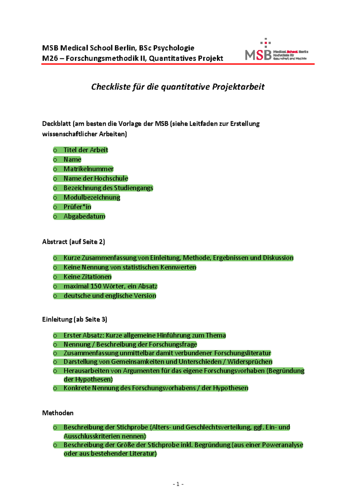 Checkliste quanti - 1 - MSB Medical School Berlin, BSc Psychologie M26 ...