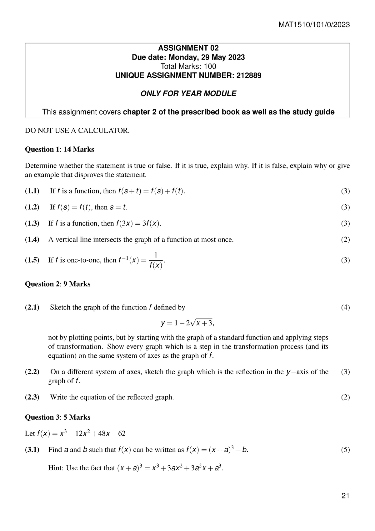 Assignmemt 02 - Mat1510 - MAT1510/101/0/ ASSIGNMENT 02 Due date: Monday ...