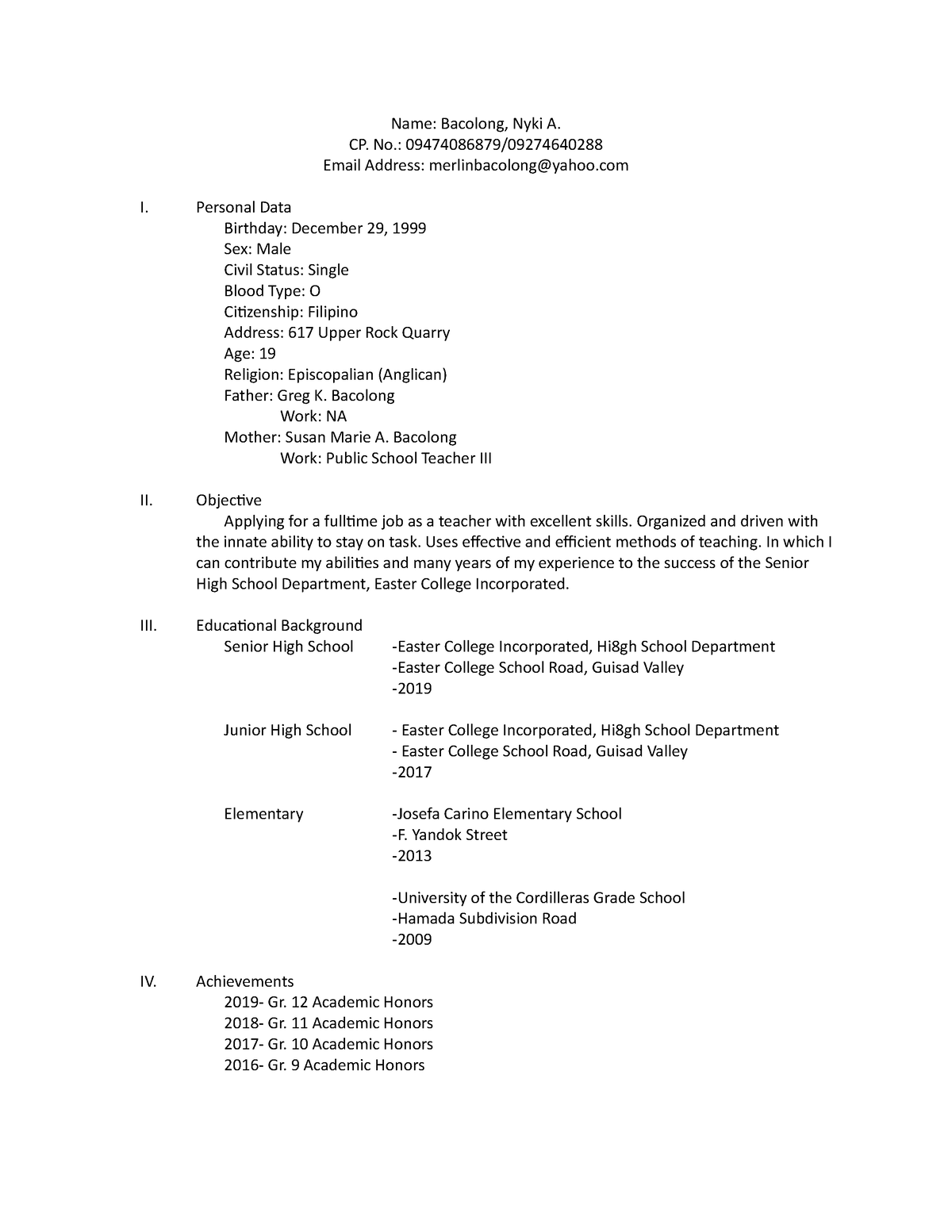 Immersion Resume and Application Letter - Name: Bacolong, Nyki A. CP ...