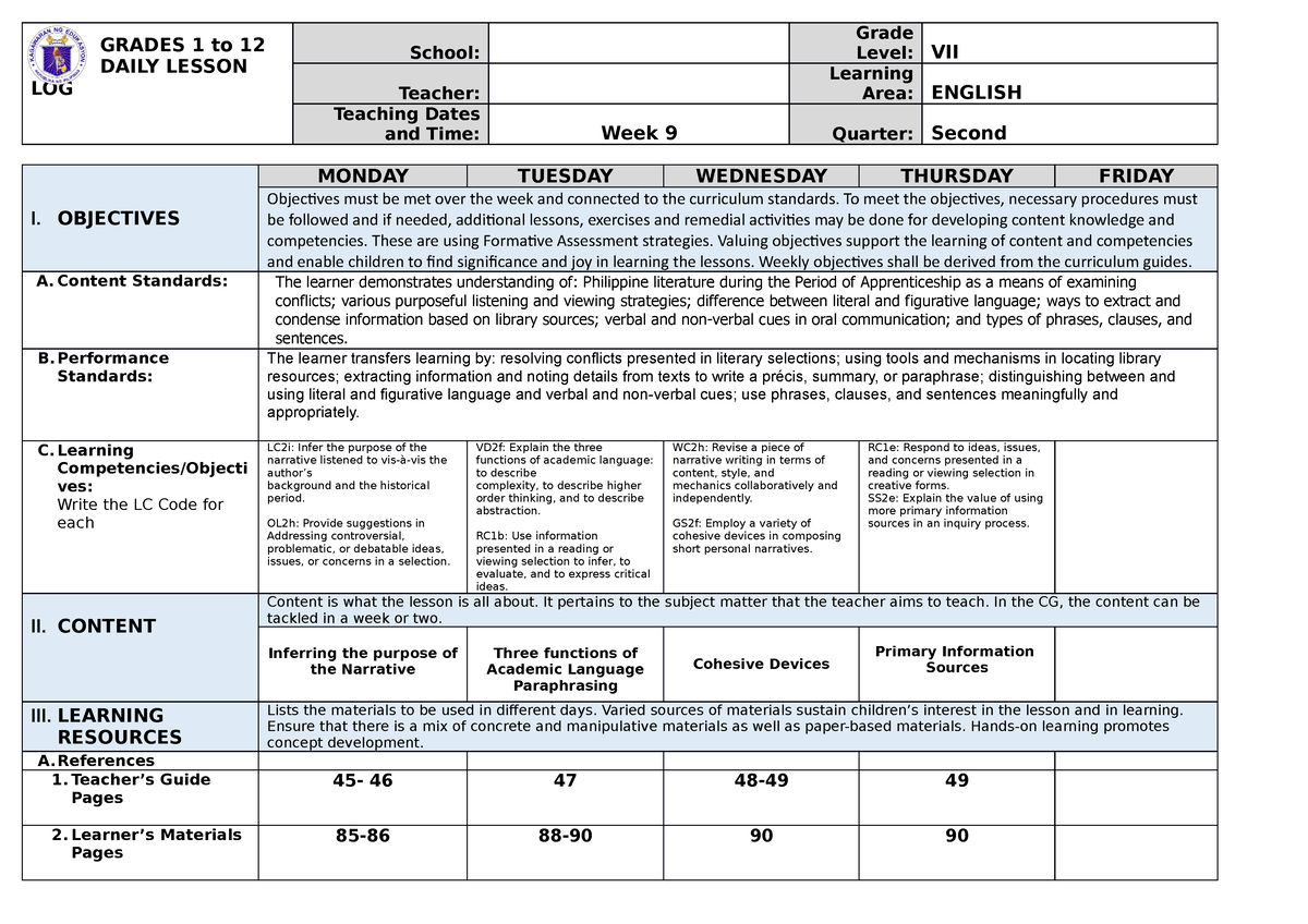 DLL 2nd Quarter Wk9 - GRADES 1 To 12 DAILY LESSON LOG School: Grade ...