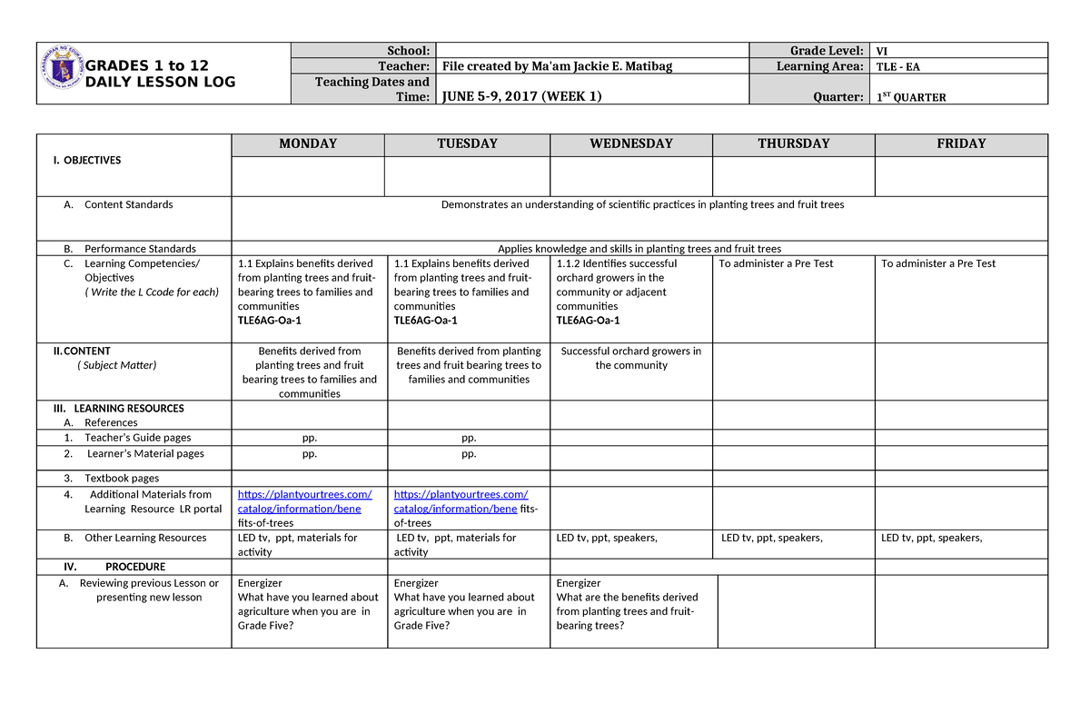 Dll Tle 6 Q1 W1 Grades 1 To 12 Daily Lesson Log School Grade Level Vi Teacher File Created 7507