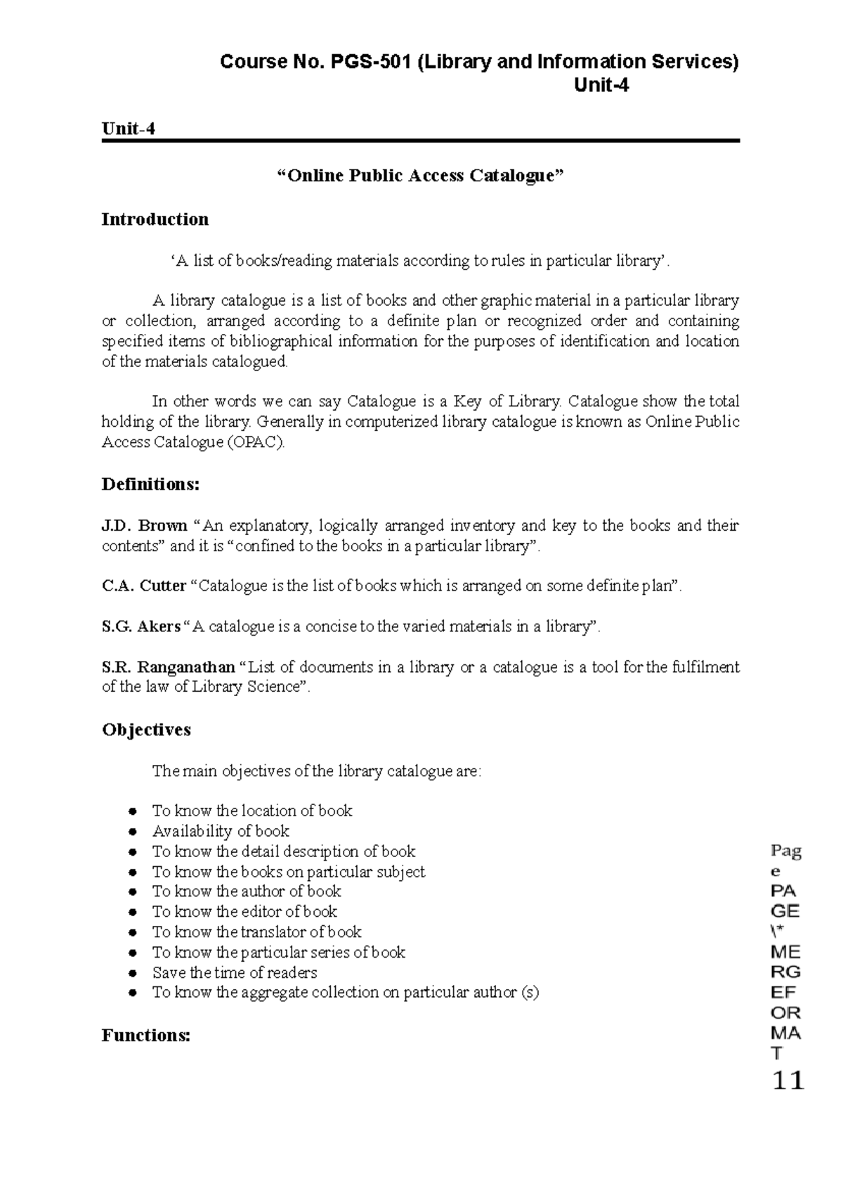 PGS-501 Notes UNIT-4 - Unit- Unit- “Online Public Access Catalogue ...