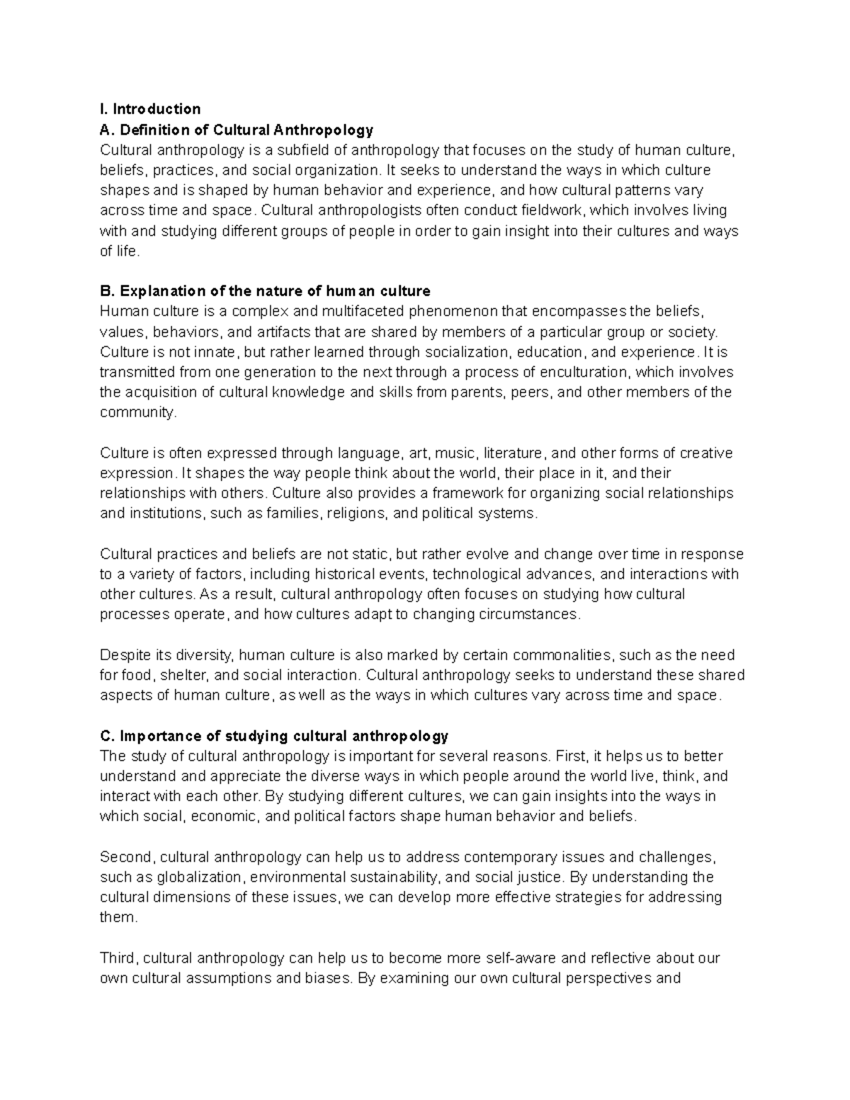 ANT-220 Cultural Anthropology Notes - I. Introduction A. Definition of ...