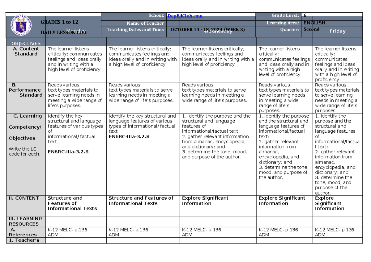 DLL English 6 Q2 W3 - This document is a Daily Lesson Plan for Grade 6 ...