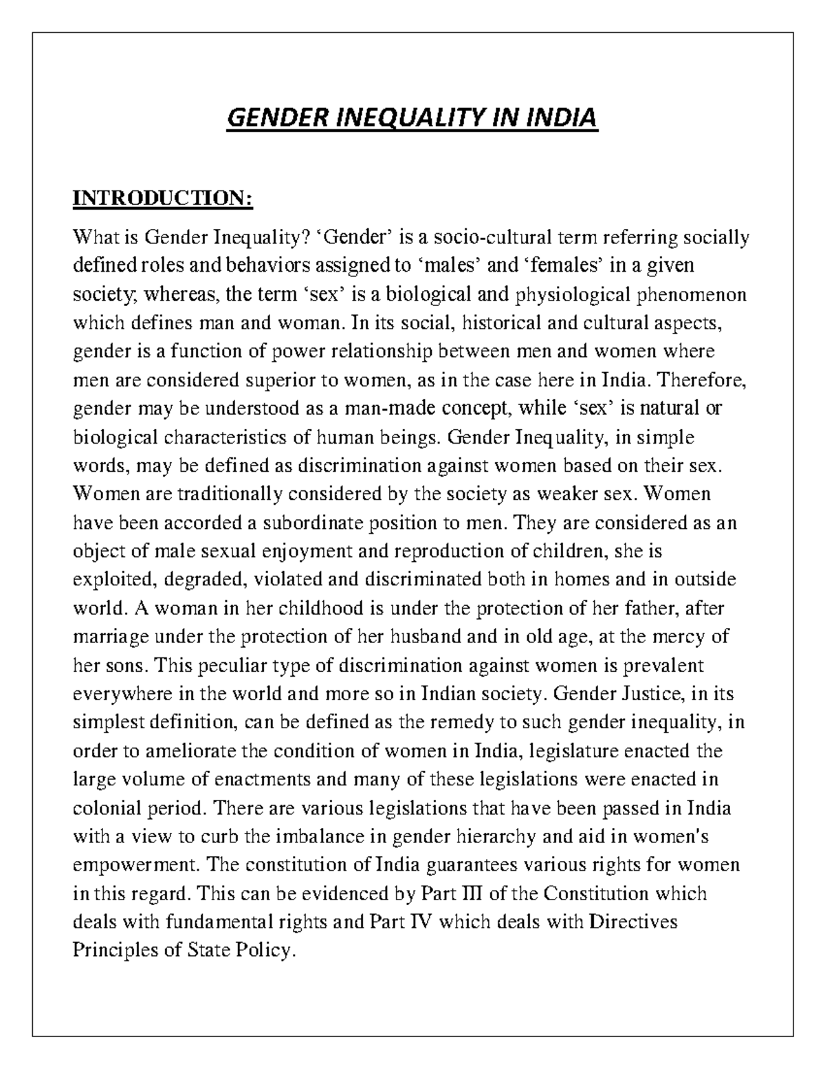 Gender Inequality IN India - GENDER INEQUALITY IN INDIA INTRODUCTION ...