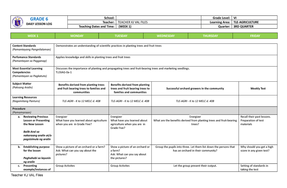 DLL TLE-AGRI6 WEEK 1 Q2 by Teacher KJ VAL - GRADE 6 DAILY LESSON LOG ...