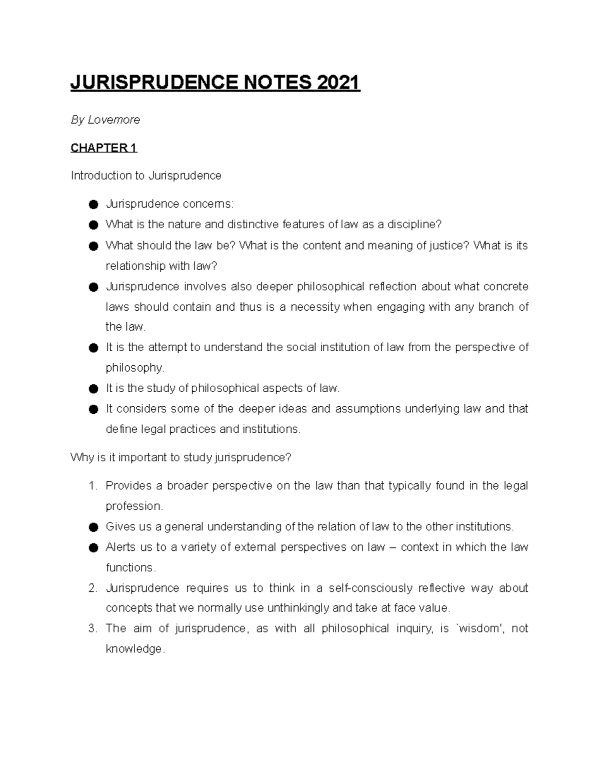 Jurisprudence Notes 2021 - JURISPRUDENCE NOTES 2021 By Lovemore CHAPTER ...