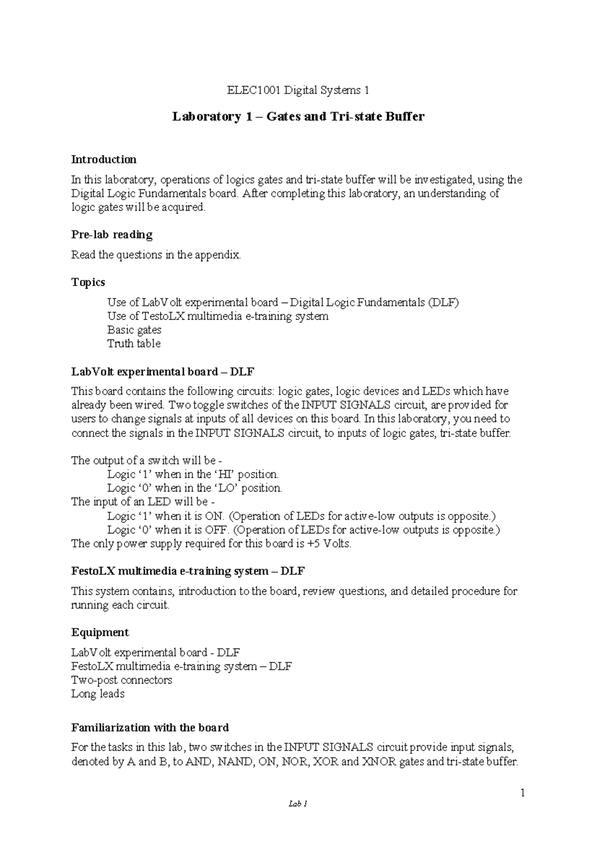 Ds1 lab1 - Lab answers for DS1 LAB1 - ELEC1001 Digital Systems 1 ...