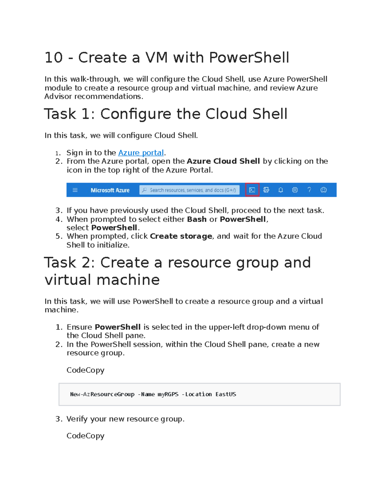 10 - Create a VM with Power Shell - Task 1: Configure the Cloud Shell ...