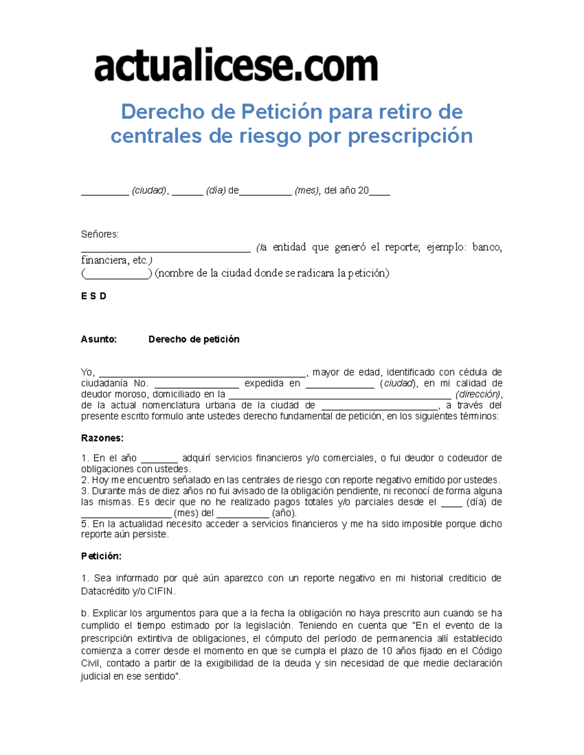 Derecho De Peticion Retiro De Centrales Riesgo Prescripcion - Derecho ...