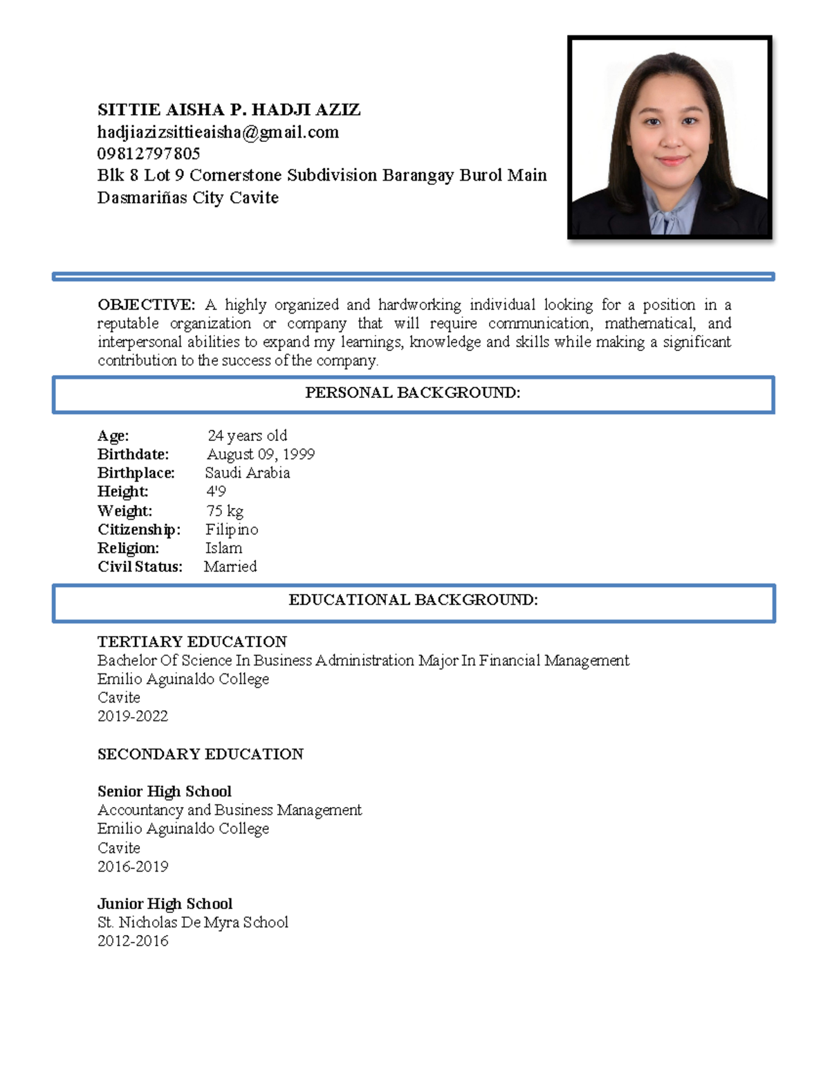 Hadji AZIZ Resume - SITTIE AISHA P. HADJI AZIZ hadjiazizsittieaisha ...