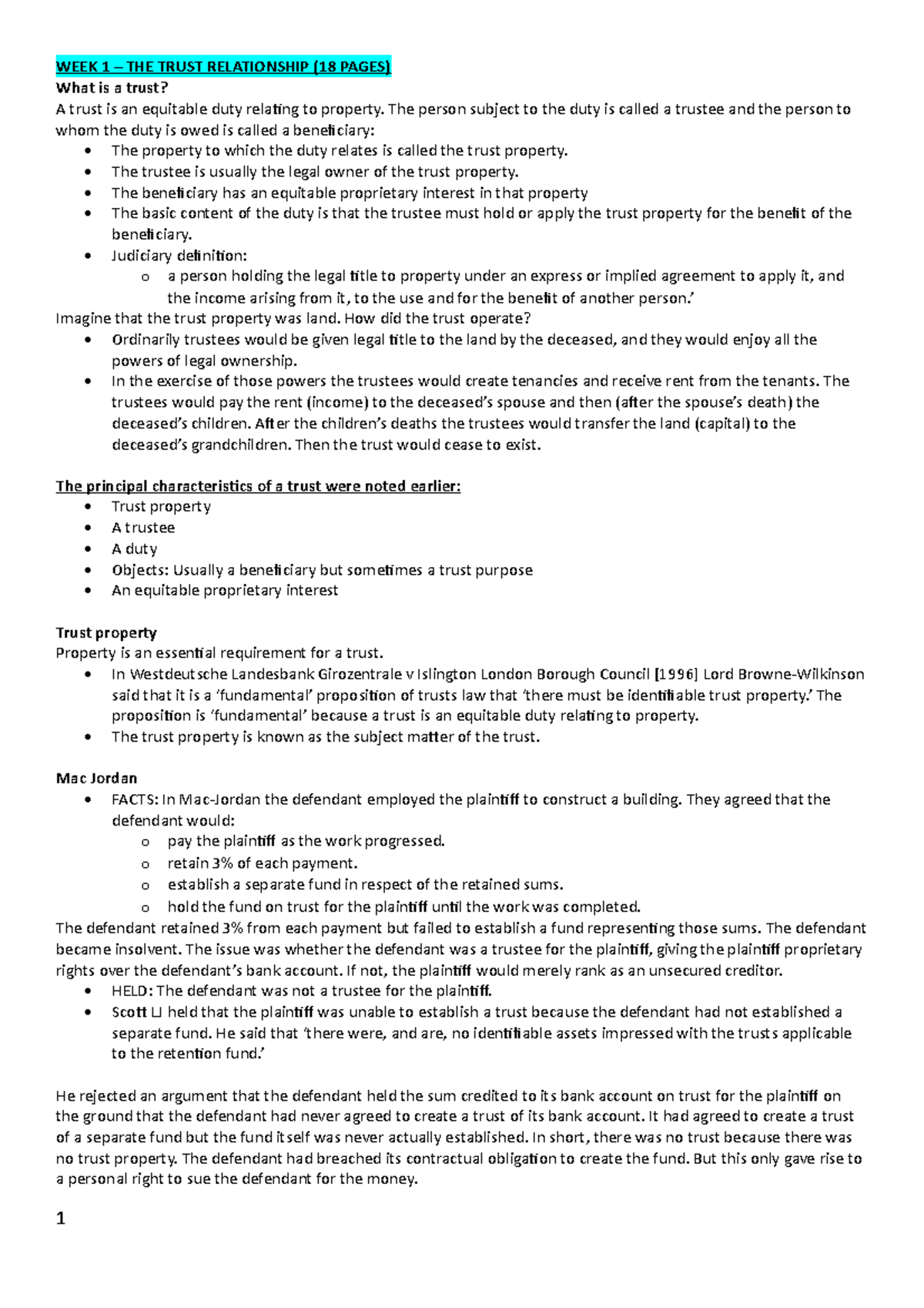 Trusts Notes Condensed - WEEK 1 – THE TRUST RELATIONSHIP (18 PAGES ...