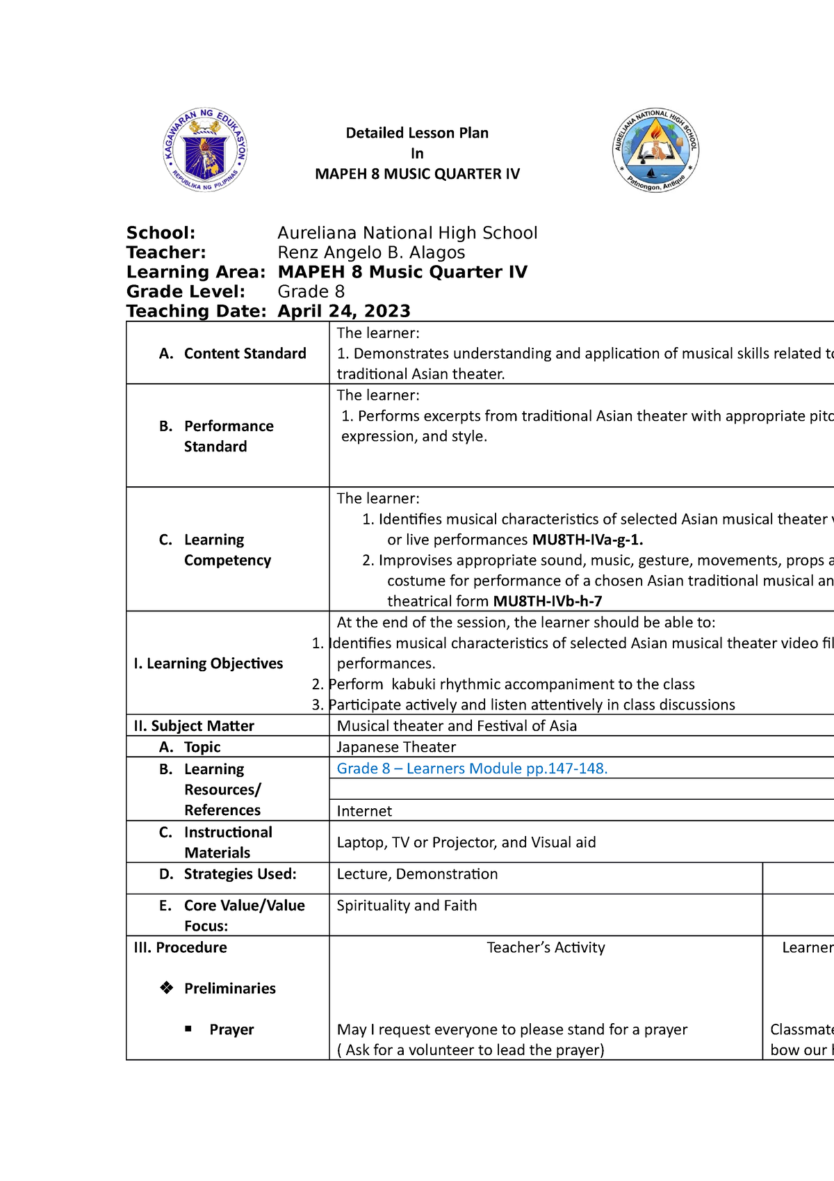 MAPeh 8 Kabuki - Detailed Lesson Plan In MAPEH 8 MUSIC QUARTER IV ...