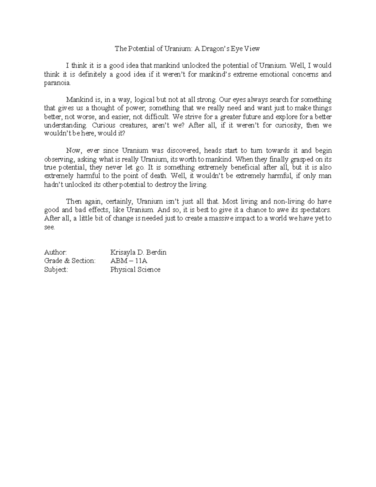 Po U - essay assignment. not for reference. - The Potential of Uranium ...