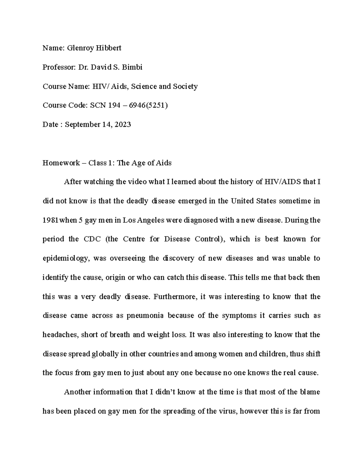 SCN 194 - HIV AIDs, Science & Society - Homework 1- The Age of Aids ...