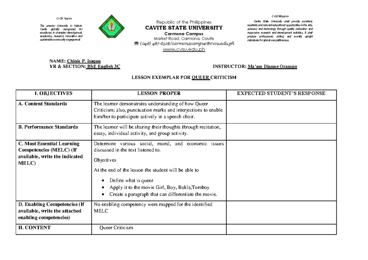 Lesson-PLAN-Queer - Queer Lesson Plan - CvSU Vision The premier ...