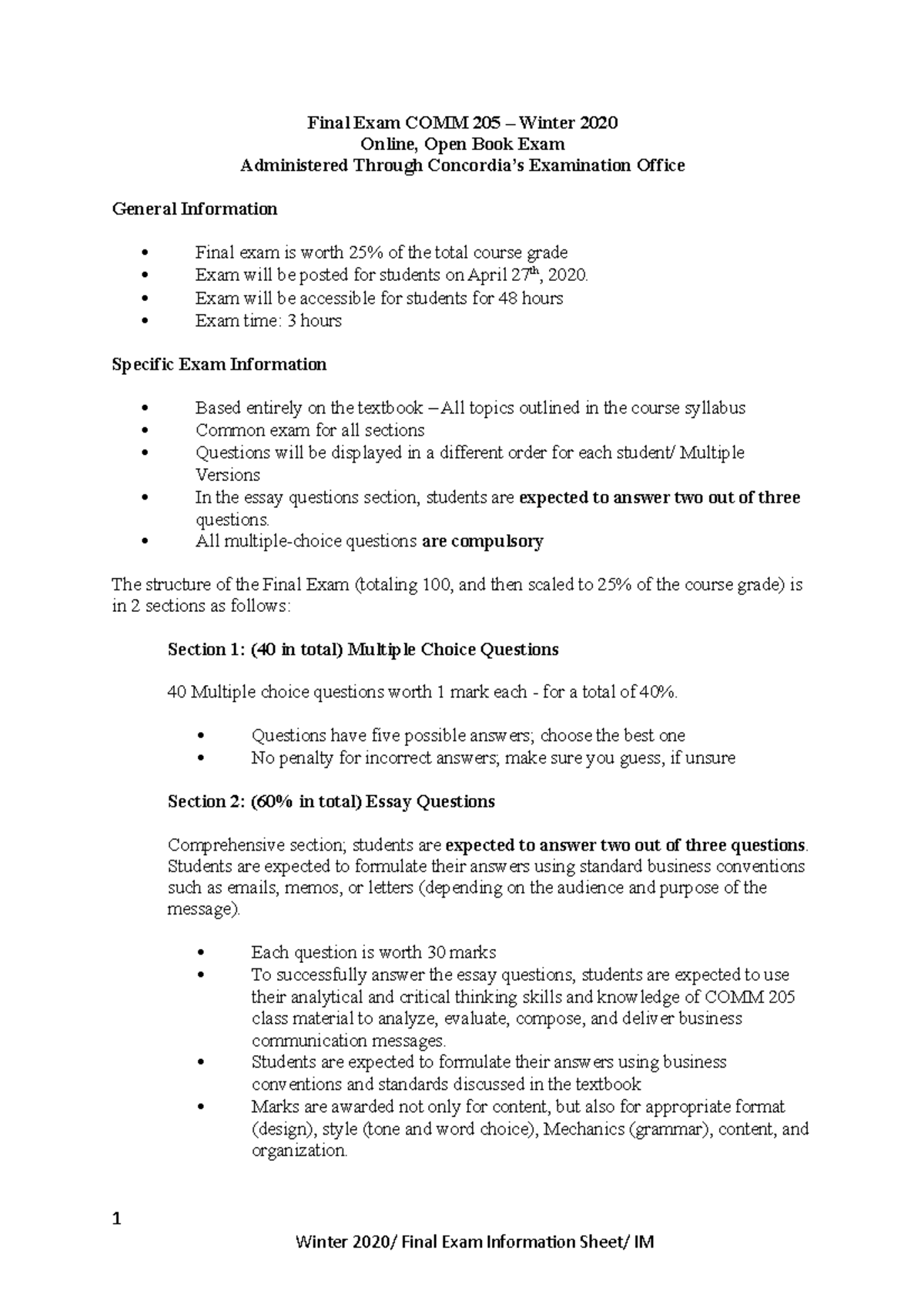 Final Exam Information COMM 205 - Final Exam COMM 205 – Winter 2020 ...