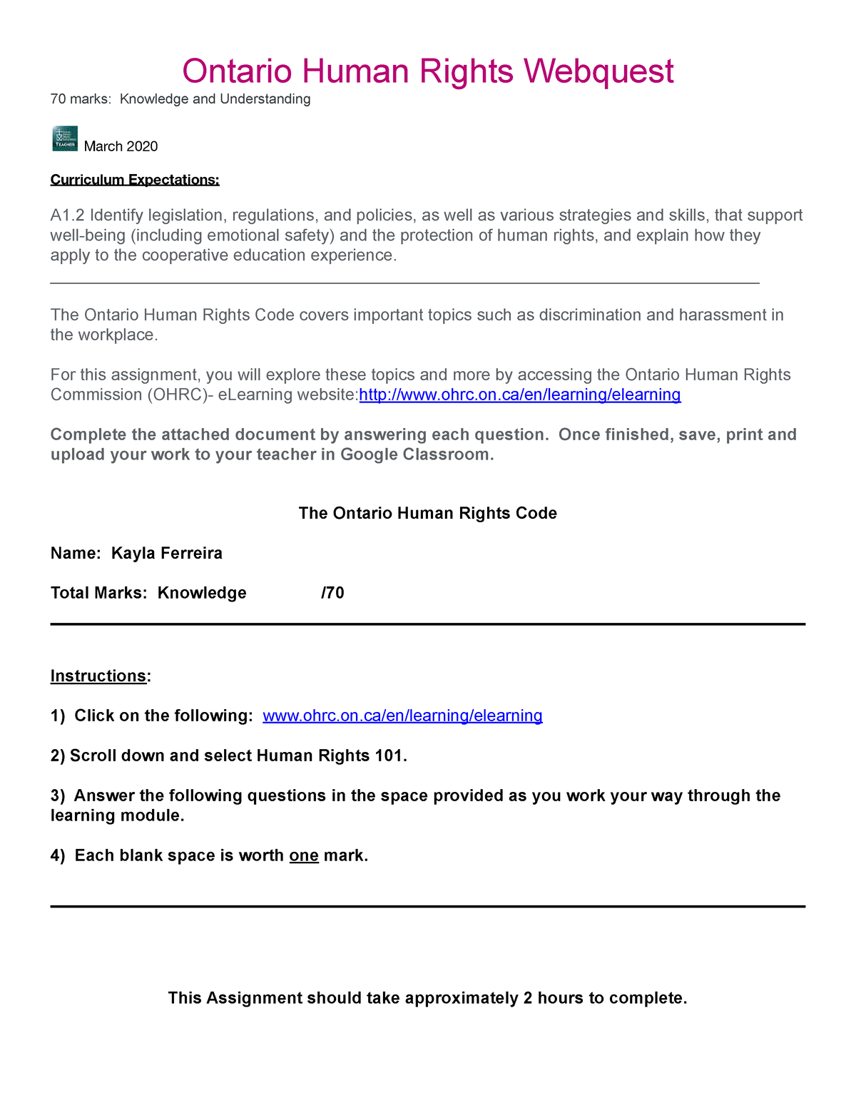 Ontario Human Rights Webquest The Ontario Human Rights Code Covers Important Topics Such As 1848
