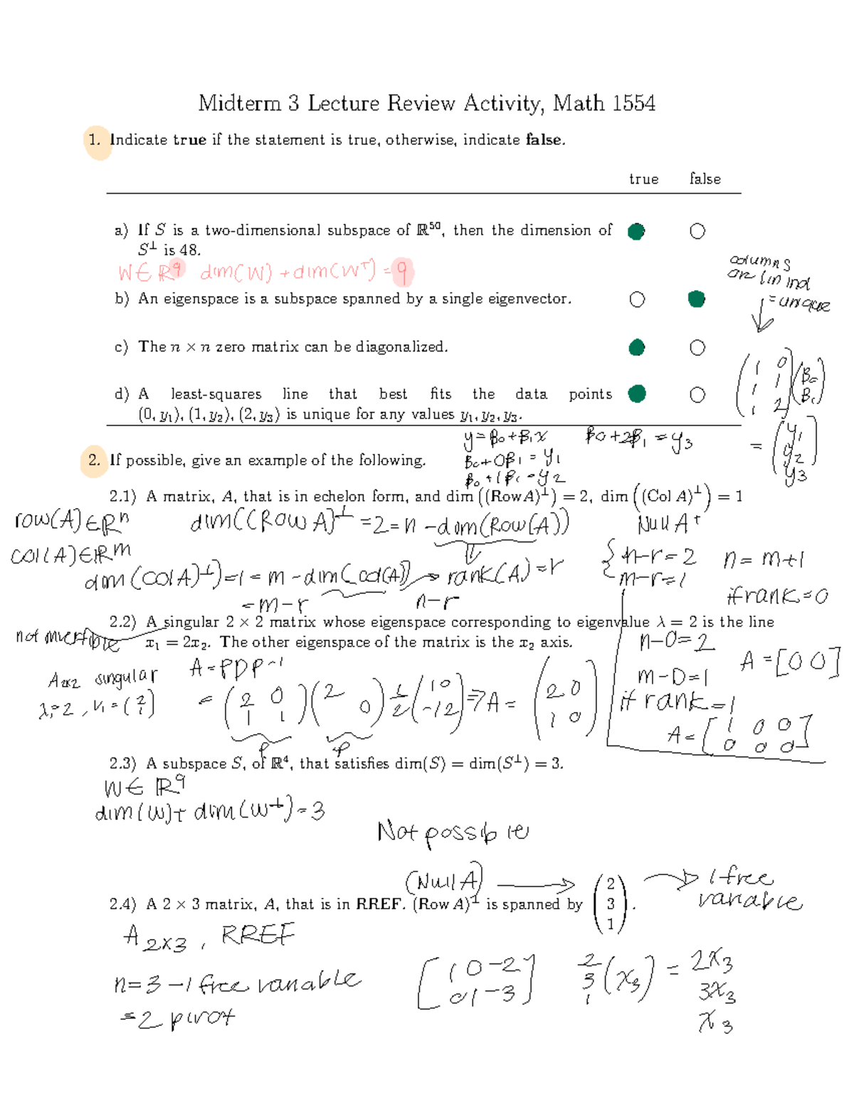 M3+In Class - Midterm 3 Lecture Review Activity, Math 1554 Indicate ...