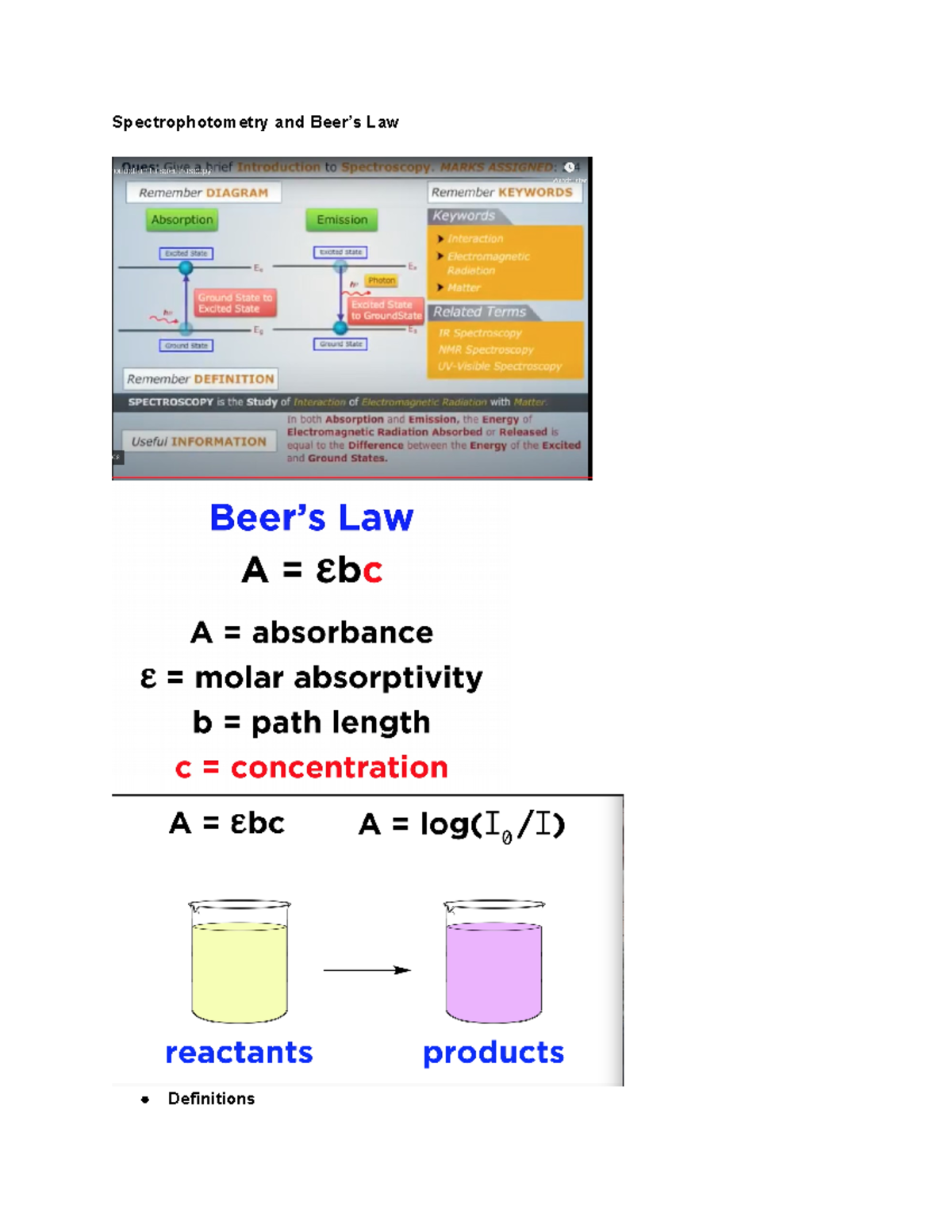 Lecture 3 Spectrophotometry and Beer’s Law Spectrophotometry and Beer’s Law Definitions Studocu