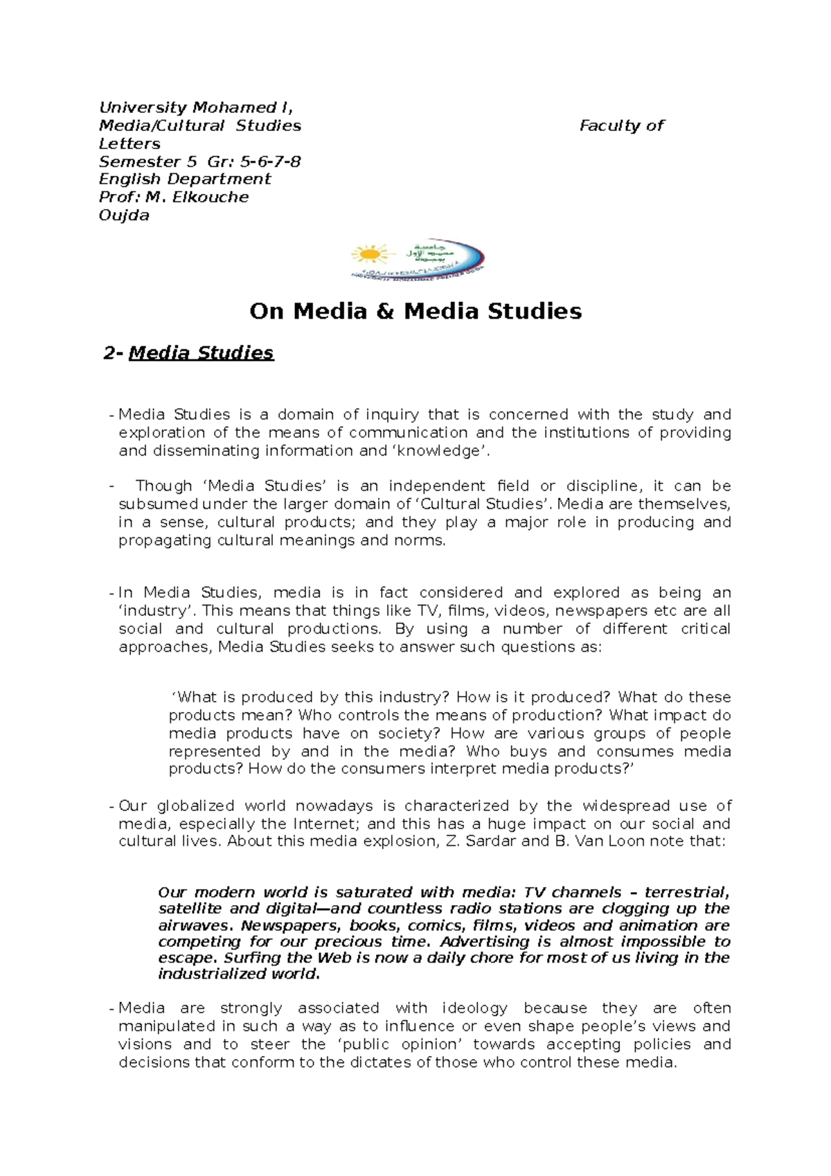 On Media Studies - University Mohamed I, Media/Cultural Studies Faculty ...