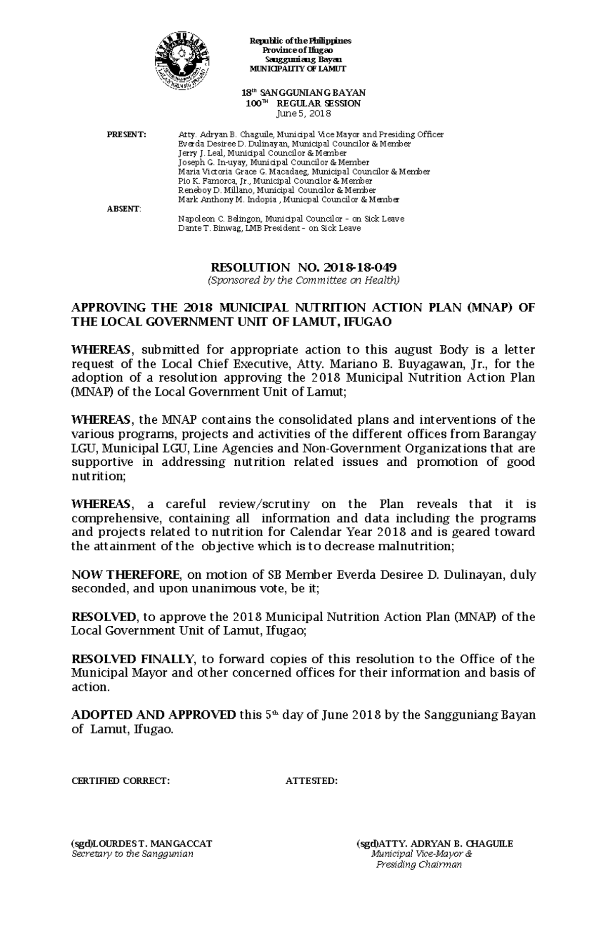 MNAP RESO - RESOLUTION - Republic of the Philippines Province of Ifugao ...